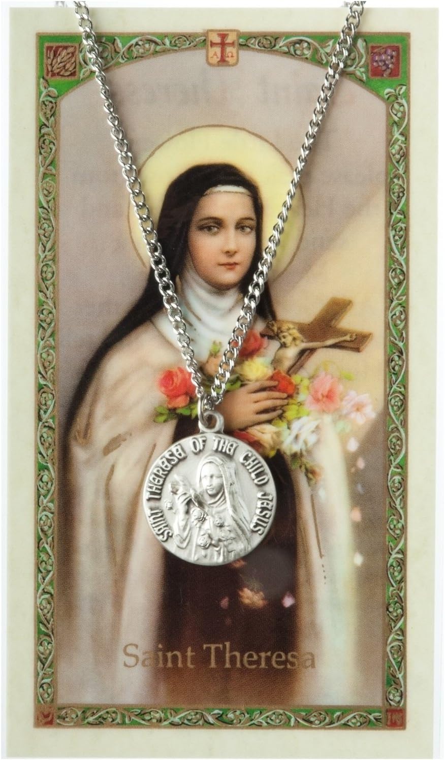 Inspire Nation St Theresa Little Flower Pendant Medal Pewter on 18 inch Chain with Prayer Card