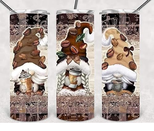 Adorable Coffee Bean Garden Gnomes 20 oz Double Wall Thermal Insulated Skinny Tumbler for Hot or Cold Beverages wLid Straw Cleaning Brush Non-Skid