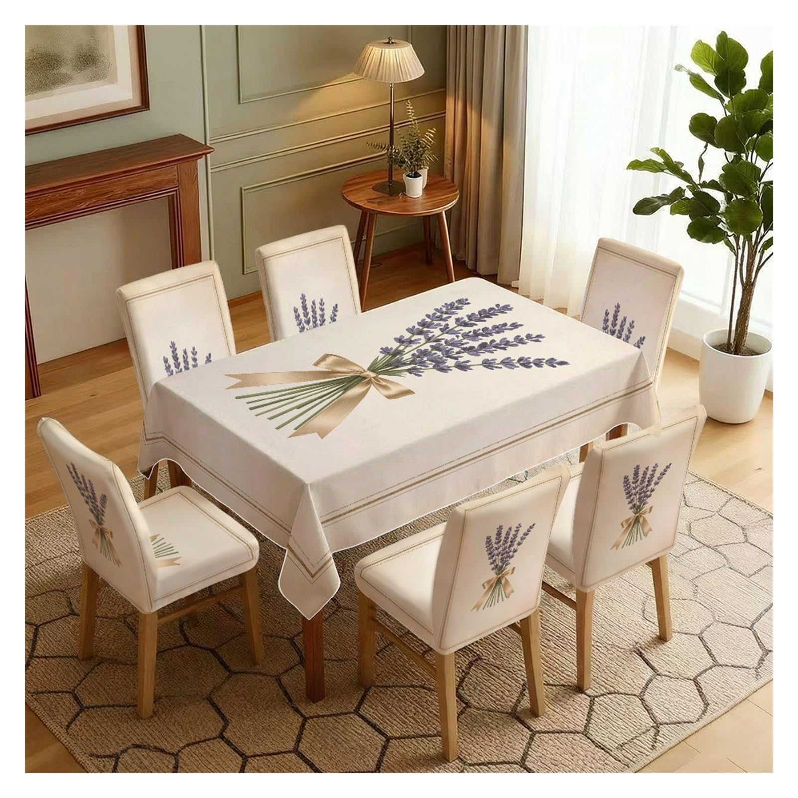 KXUAUV Bow Lavender Floral Dining Tablecloth & Chair Covers Set, 5/7 Piece Simple Vintage Cottage Home Decor Party Decor(7pcs Set: Tablecloth+Chair Covers)