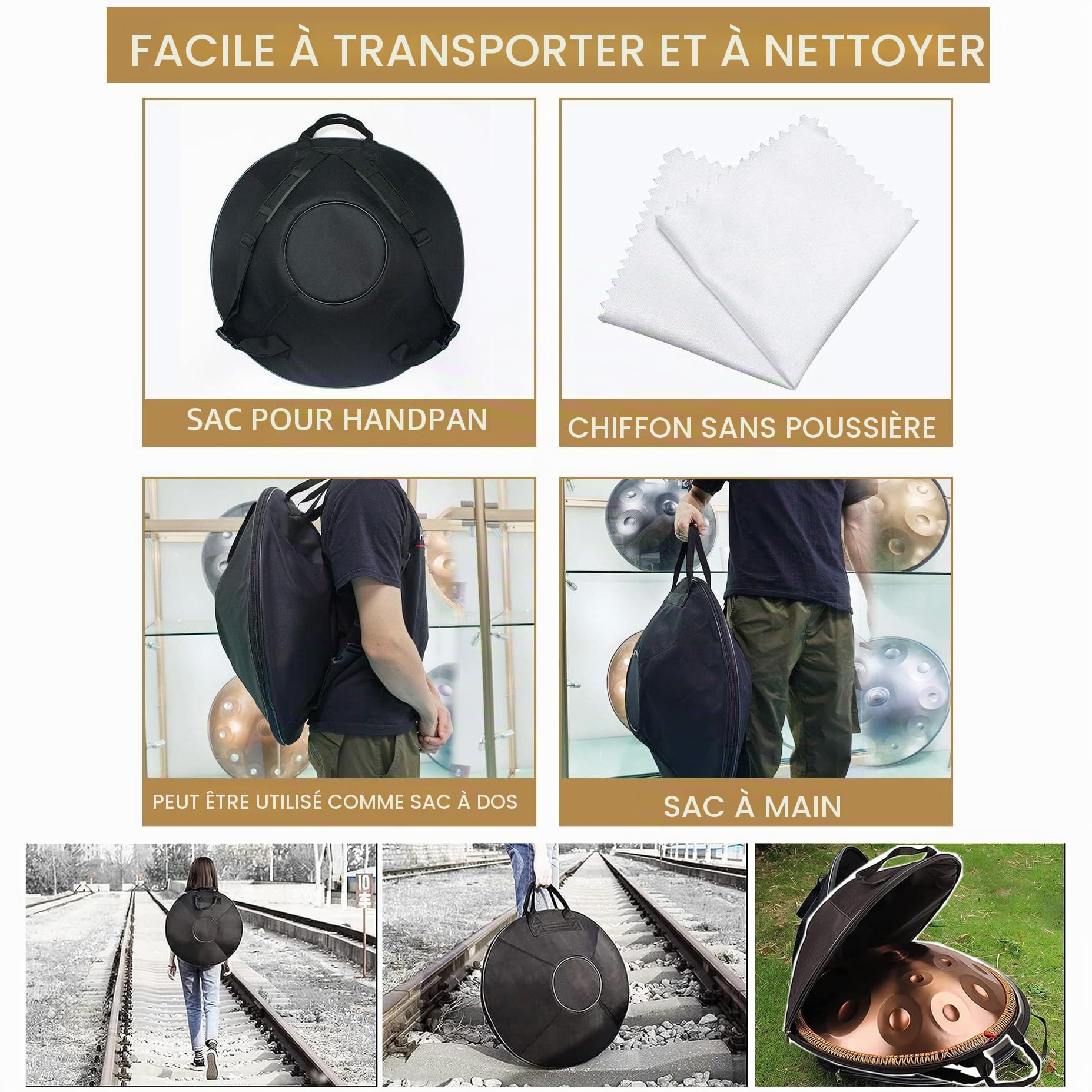 9/10/12 Notes Handpan Drum Instrument En Ré Mineur, 22 Pouces, Acier Inoxydable, Avec Sac De Transport, 2 Maillets, Support, Pour Méditation Et Guérison Sonore