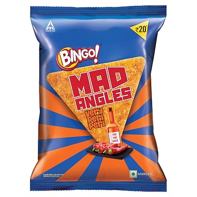 Bingo! Mad Angles Very Peri Peri | Spicy & Crunchy| Premium Corn-Based Triangle Chips Pack for Snacks – 64g/60g ( weight