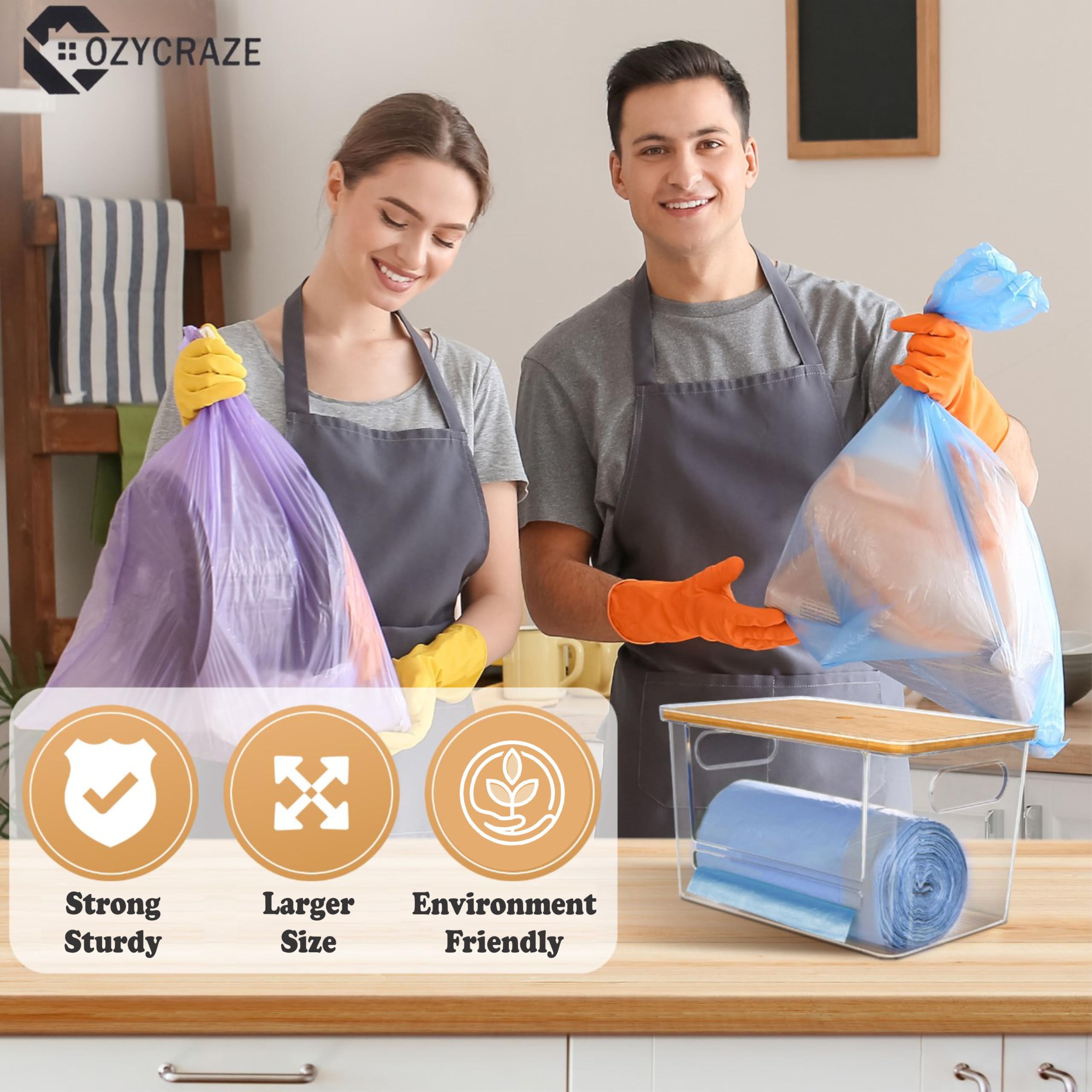 Dispensador de bolsas de basura apilable con parte superior de bambú, soporte extragrande para bolsas de basura con base antideslizante, dispensador de bolsas de basura debajo del fregadero