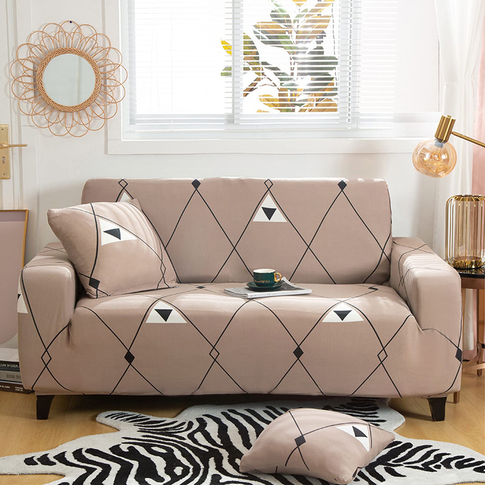 2 Seater Sofa Cover Brown Geometry Stretch Sofa Covers Spandex Settee Covers 2 Seater Washable Sofa Protectors from Pets Non Slip Covers for Sofas All Seasons Couch Cover with Elastic Strap