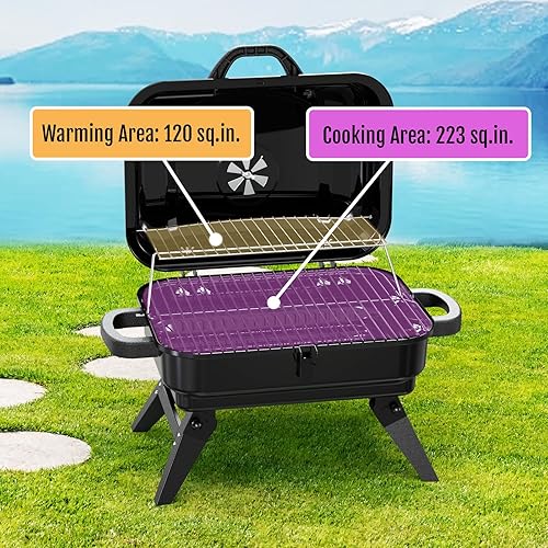 Miniatura 2 de Parrilla de carbón portátil con estante de calentamiento, pequeña parrilla de barbacoa de mesa, patas plegables, ventilación ajustable, total de 343
