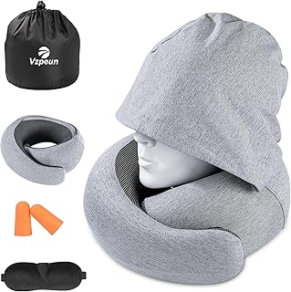 Vzpeun Travel Pillow - Hooded Neck Pillow Airplane Memory Foam Filling f...