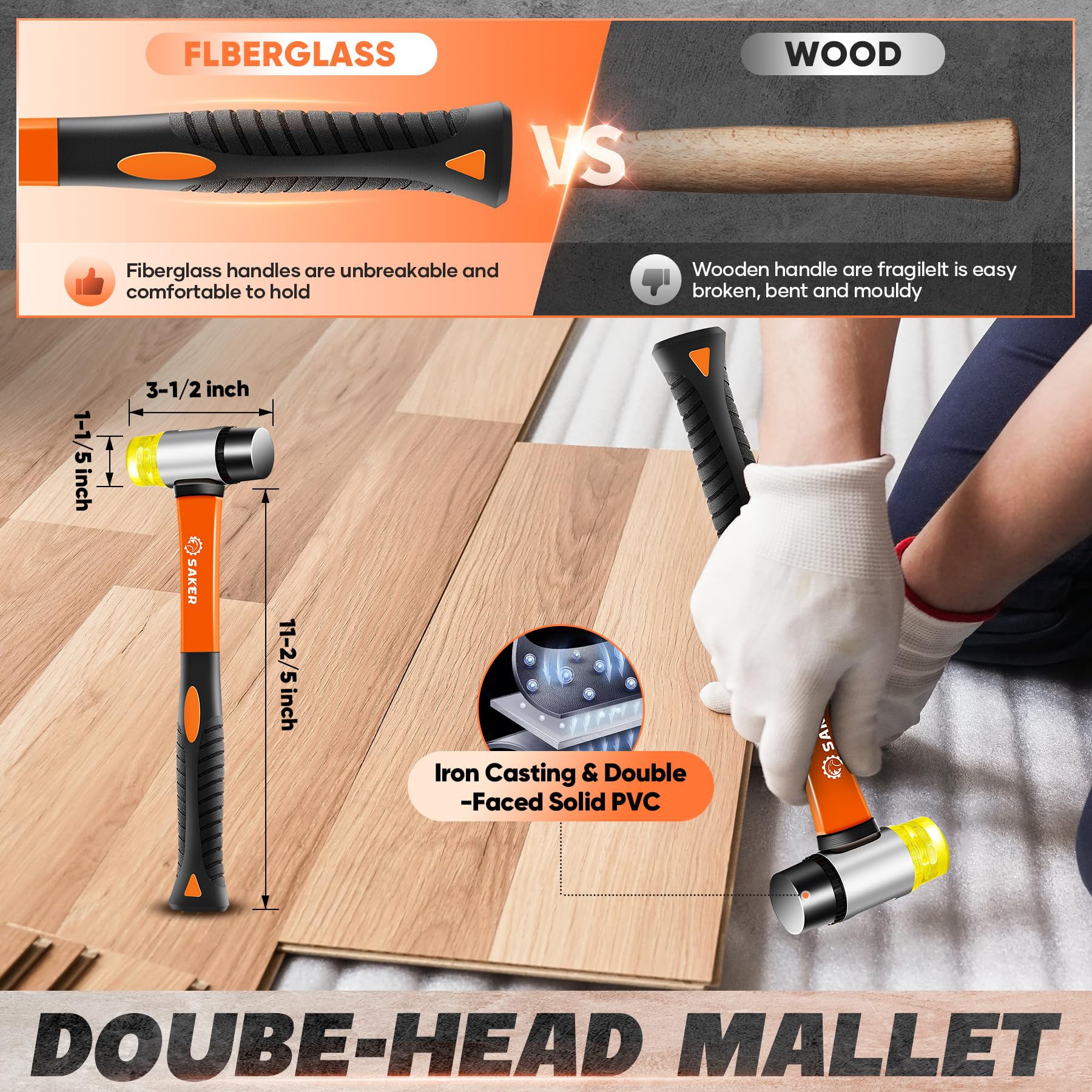 Saker Strumenti per pavimenti in laminato, strumenti per pavimenti in vinile 7 in 1, kit di installazione per pavimenti, blocco maschiatura con manico, distanziatori per pavimenti 2 in 1, barra di