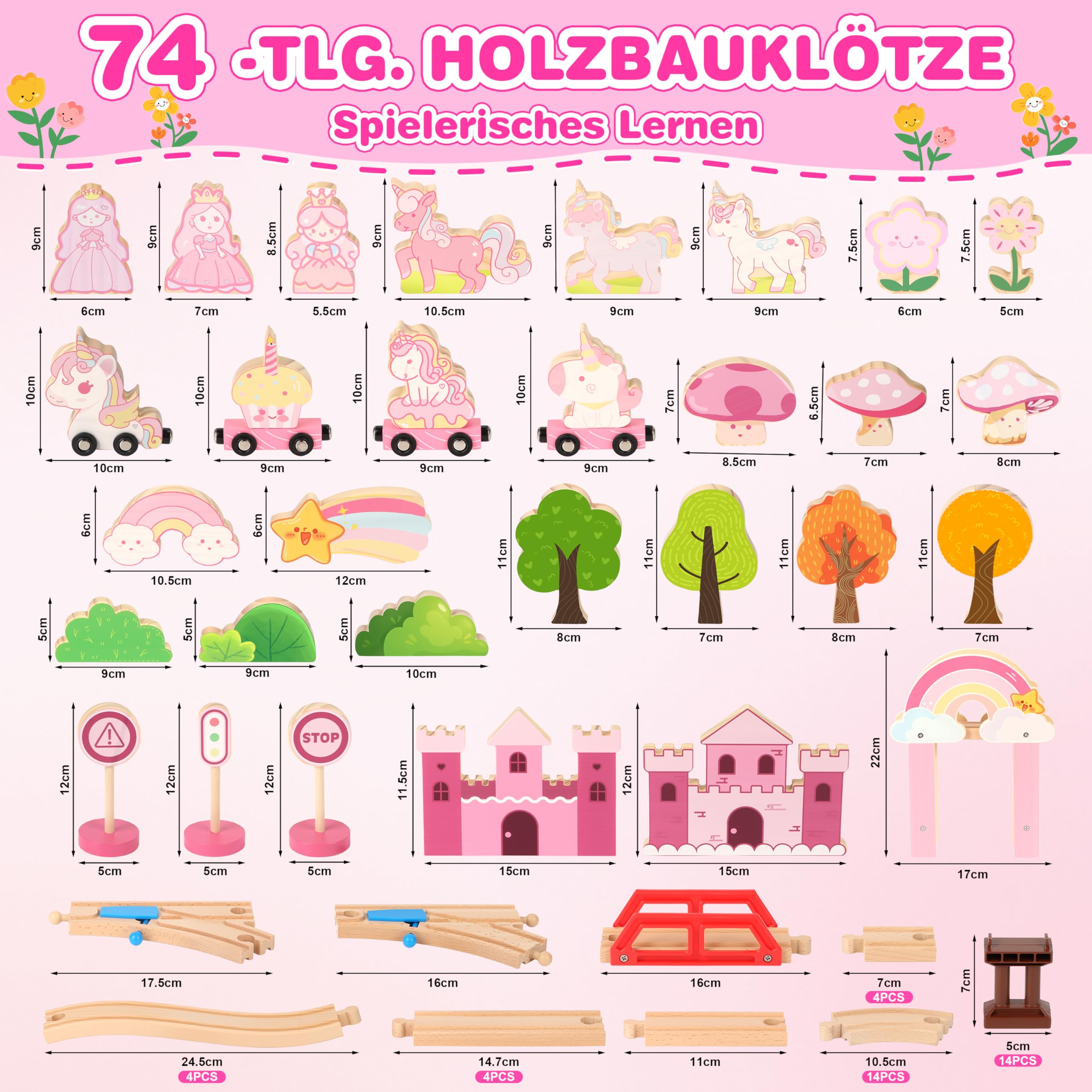 MOMOSTAR 74 Stück Rosa Thema Holzeisenbahn Set, Einhorn Geschenke für Mädchen 3-5 Jahre, Eisenbahn Kinder Magnetisch Zug Spielzeug Mädchen 3 4 5 Jahre，Einhorn Spielzeug Holzspielzeug Ab 3 Jahre