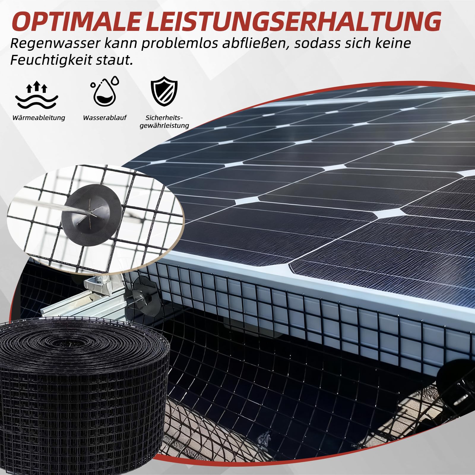 Siatka chroniąca przed ptakami do modułów solarnych, 30 m x 20 cm, ocynkowana rolka z siatki stalowej powlekanej PCW, szerokość oczek 1,27 cm, w zestawie 100 zapięć ze stali nierdzewnej, ochrona przed