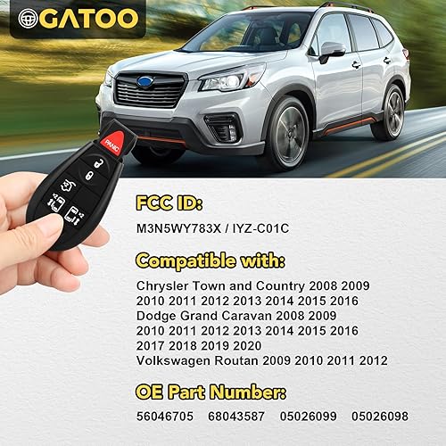 Miniatura 3 de Llavero de repuesto de 6 toneladas con control remoto de entrada sin llave para Dodge Grand Caravan Chrysler Town and Country M3 2008 2009 2010 2011