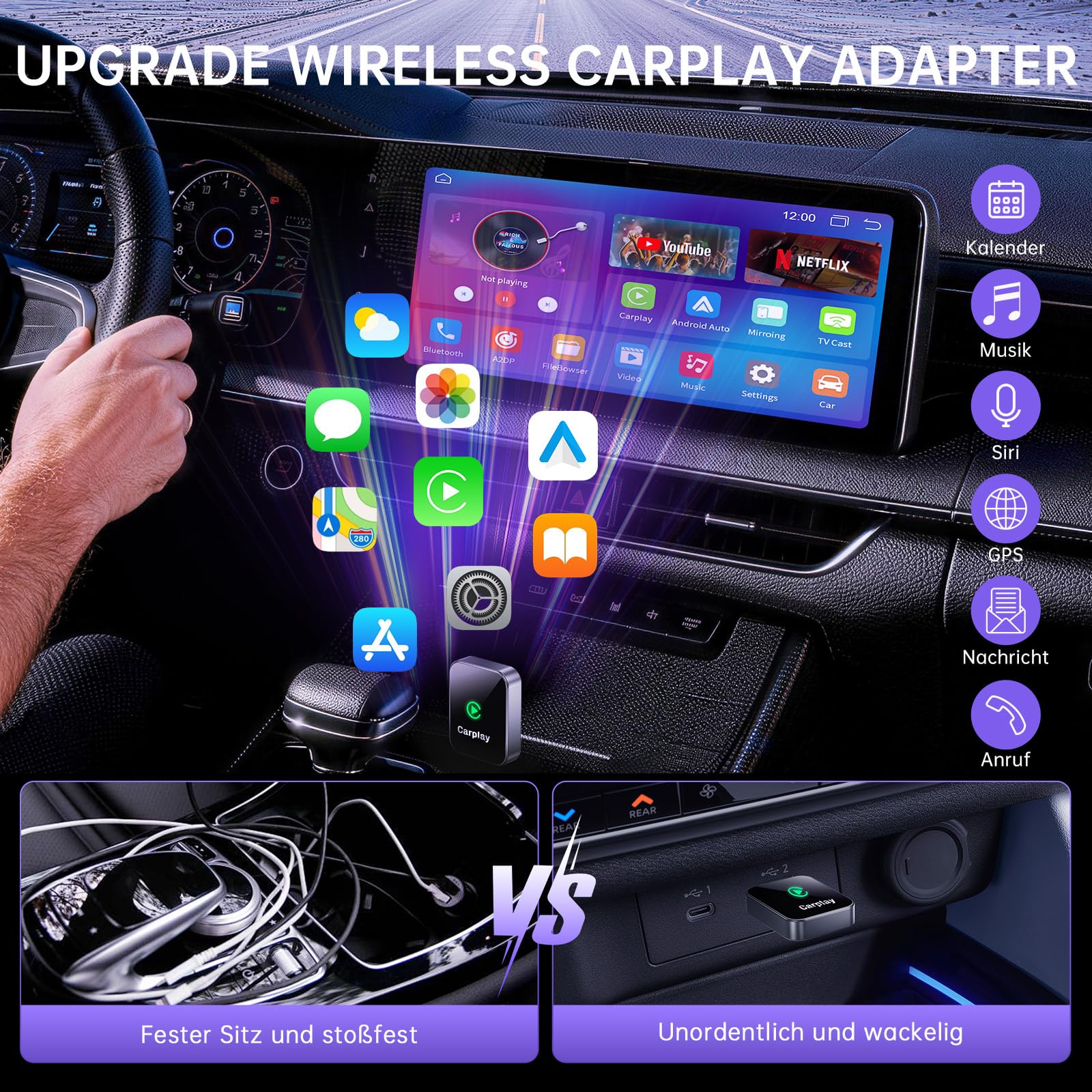 WeChip carplay Wireless Adapter, 2-in-1 Android Auto Wireless Adapter, Plug & Play, USB-A/Typ-C, ultraschnelle & stabile Verbindung, mini & kabellos, geeignet für iPhone CarPlay