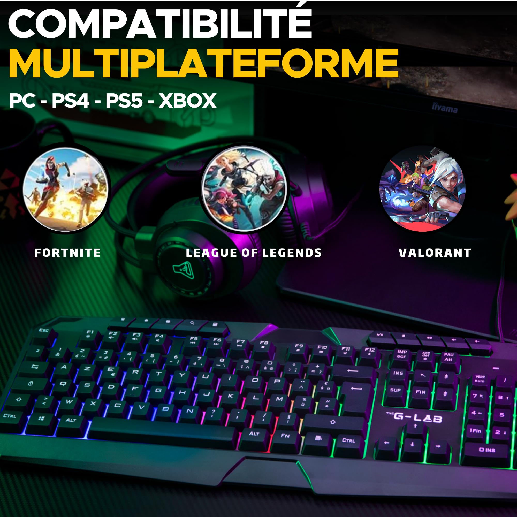 The G-Lab - Combo Natrium - Set tastiera mouse gamer 4 in 1 - Tastiera gamer AZERTY USB, RGB, 19 tasti Antighosting, Mouse gamer 6400 Dpi, Cuffie da gioco & Tappetino per mouse - PC/PS4/PS5-XBOX