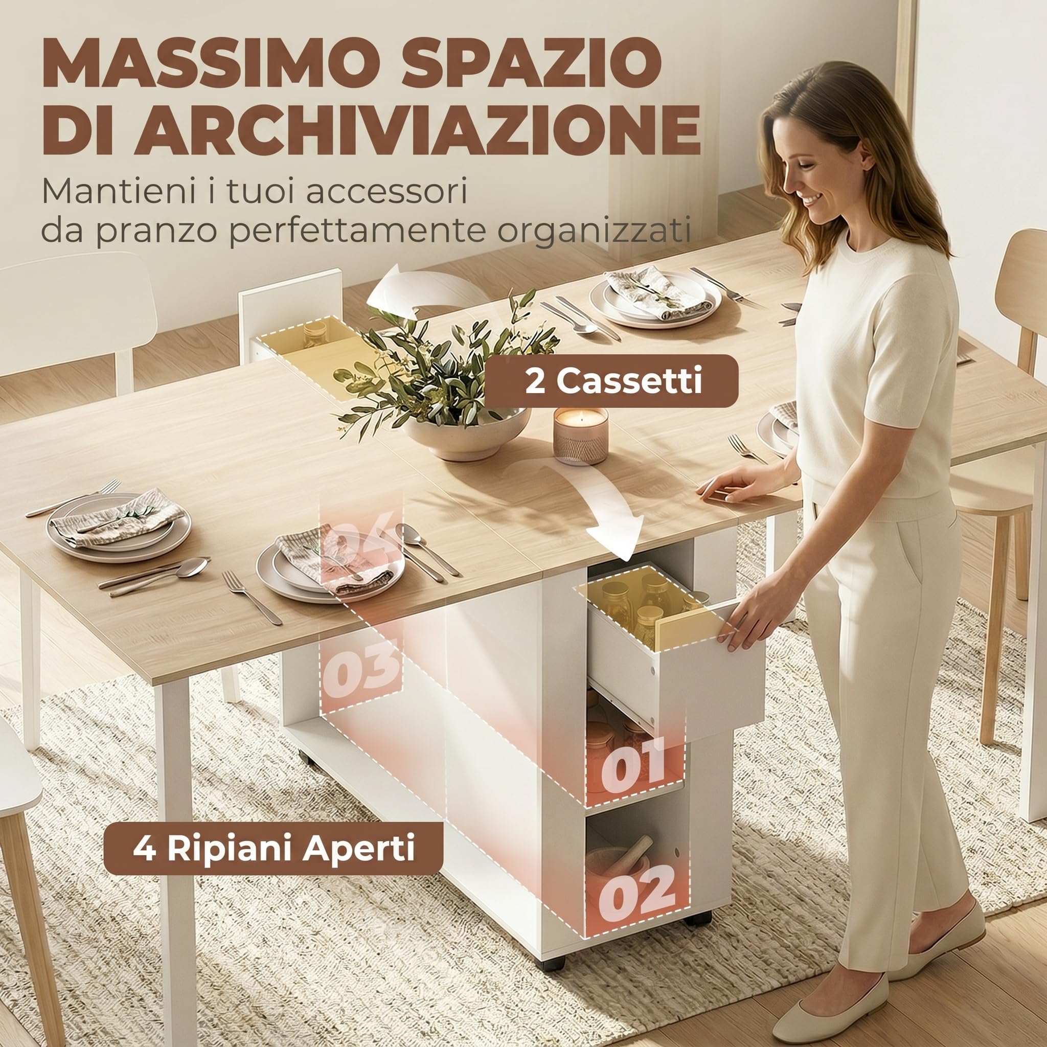 HOMCOM Tavolo da Pranzo Pieghevole per 6 Persone, 39-168x85cm Tavolo Cucina a Ribalta con Piano Grande, Gambe in Legno di Pino, 2 Cassetti e 4 Ripiani, Salvaspazio per Soggiorno, Color Legno e Bianco