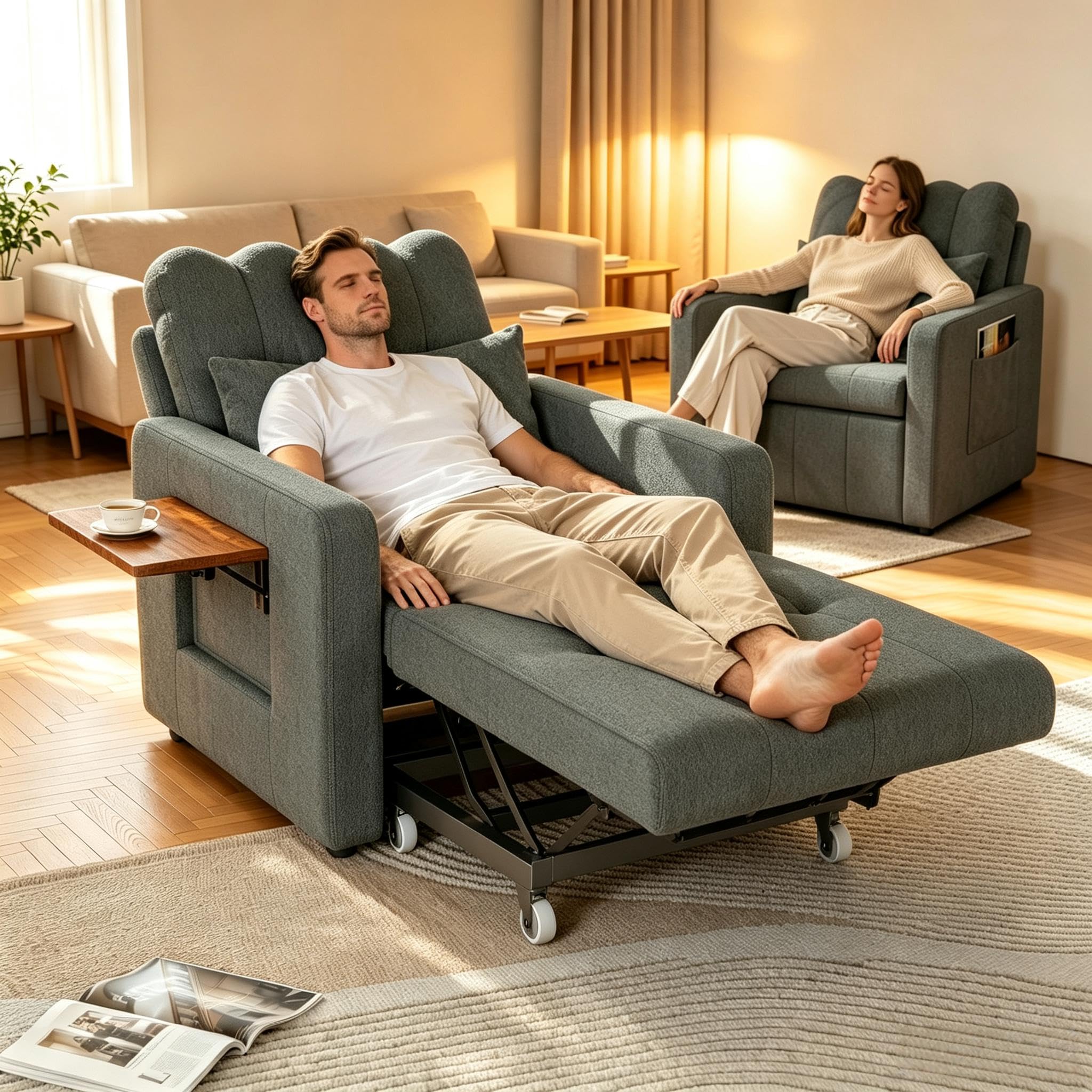 3-in-1-Bettsessel mit Bettfunktion, Schlafsessel 3 in 1 mit Neigbar 5 Positionen, Schlafsofa 1-Sitzer 190 x 70 x 86 cm, Sessel Ausklappbar 1-Sitzer aus Chenille Klapptisch Matratze Kissen und Tasche