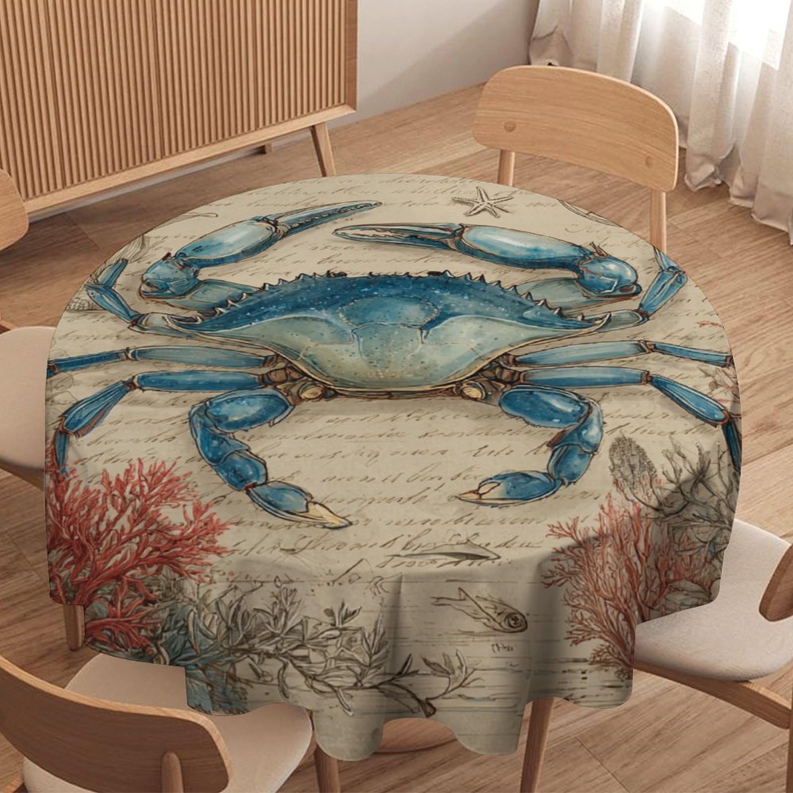 LUYYSKY Retro Classic Blue Crab Round Tablecloth Rustic Watercolor Nautical Ocean Animal Crab Coral Compass Pattern Washable Decor for Table Cover for Kitchen-91.4" Wx91.4 L cm