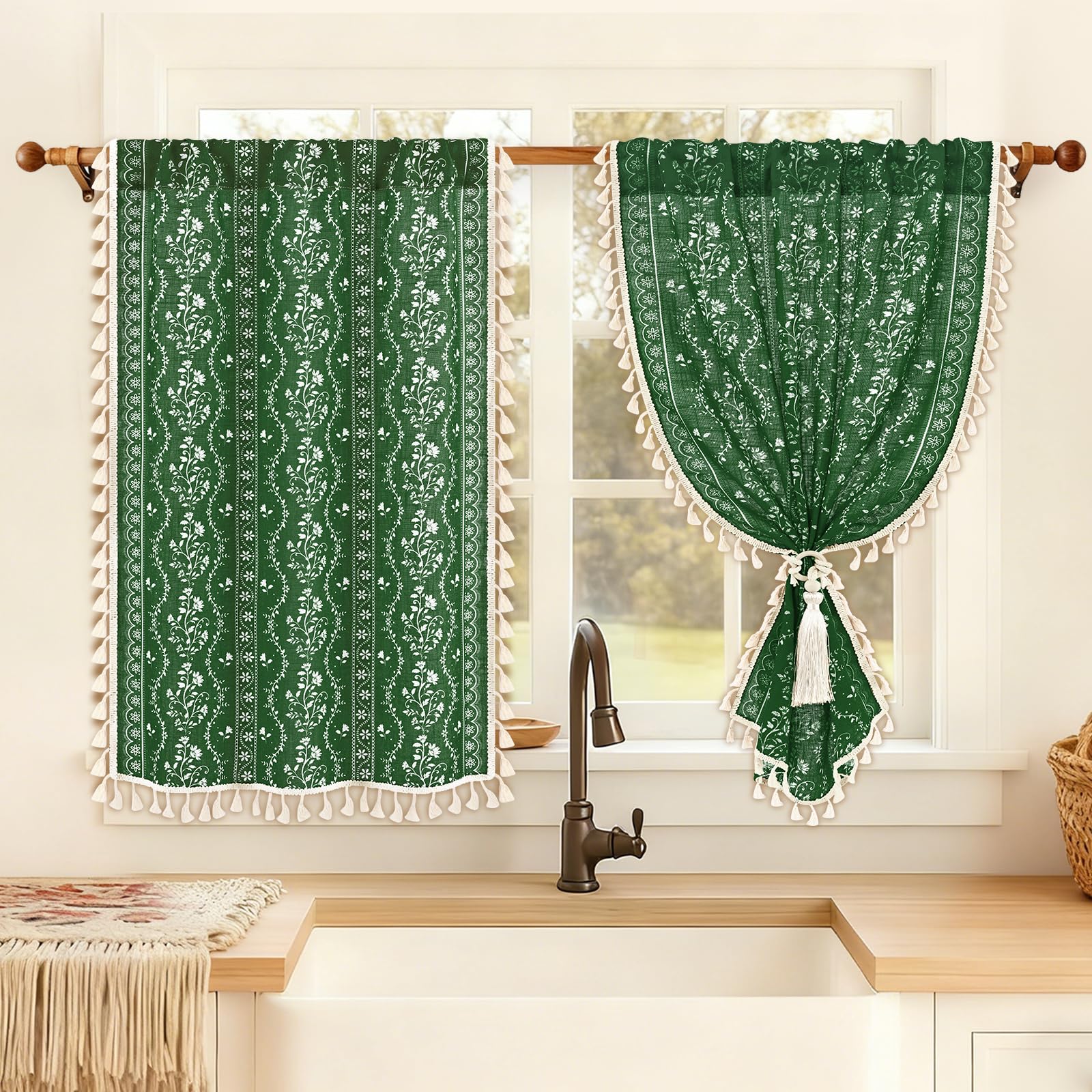 Yinhua Boho Kitchen Curtains 36 Inch Length Vintage Linen Cafe Curtains Light Filtering Bohemian Floral Tier Rod Pocket Farmhouse Rustic Tassel Small Drapes with Tiebacks, 2 Panels, Olive Green