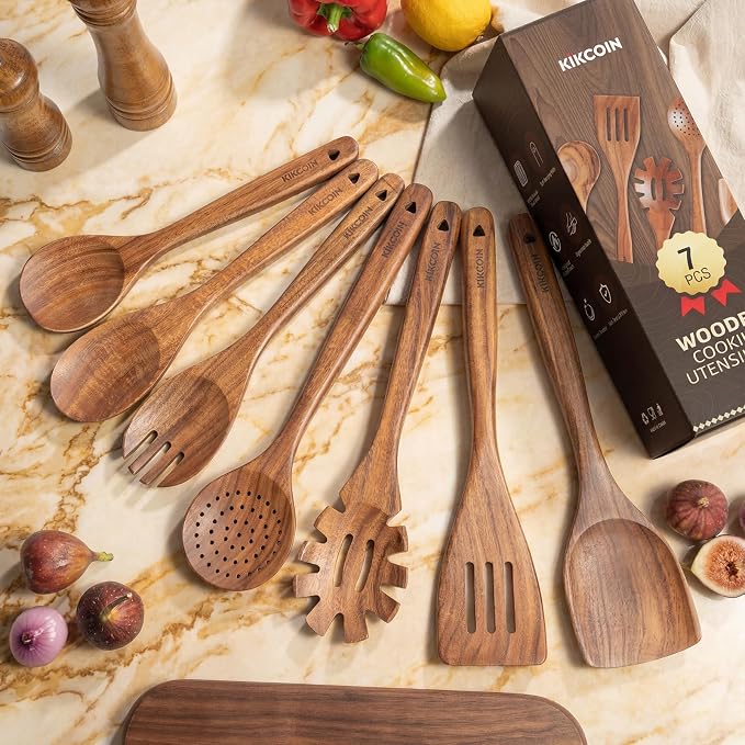 Kikcoin 7 PCS Durable Natural Teak Wooden Cooking Utensils Set, Non Toxic Wooden Spoons for Cooking, Wooden Utensil Set for Cooking with Comfort Grip, Nonstick & Easy to Clean Wood Kitchen Utensil Set