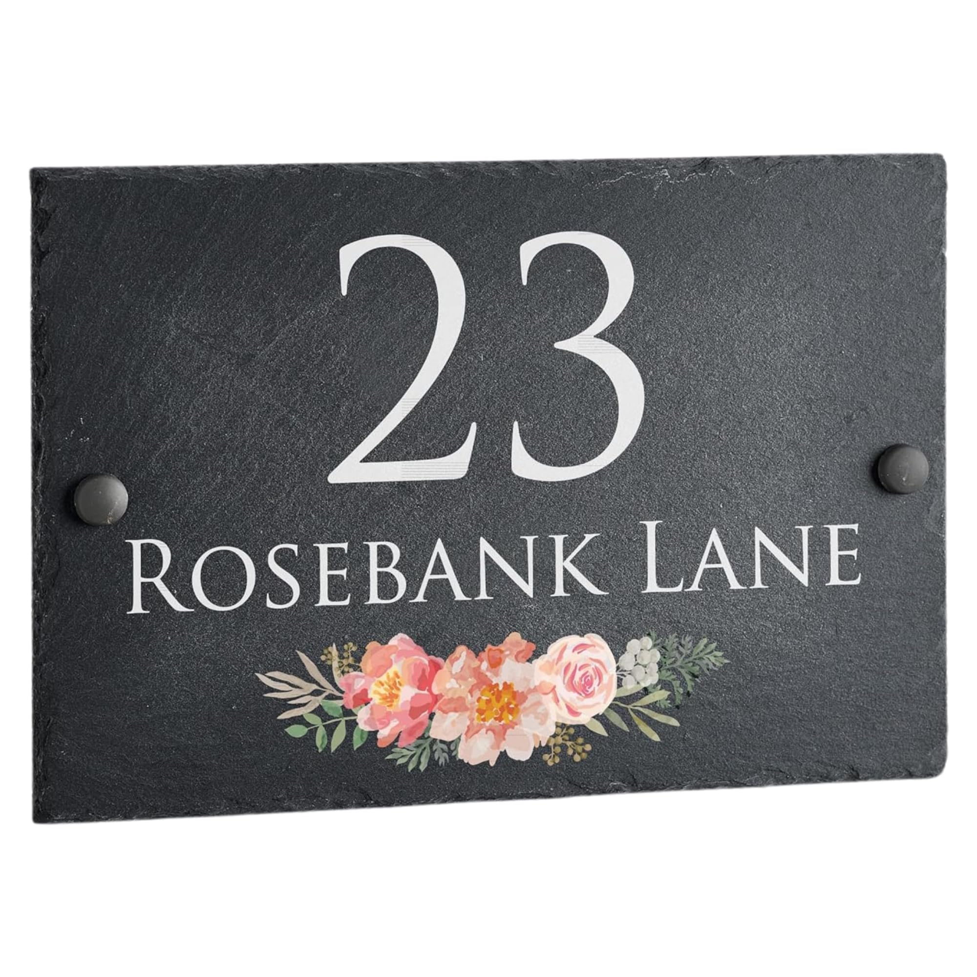 House Signs Direct | Bespoke Slate House Sign | Rustic Grey House Number Plaques with Floral Motif | Personalised Home and Door Number Plaques for Wall, Easy Install House Signs for Outside โ image 1