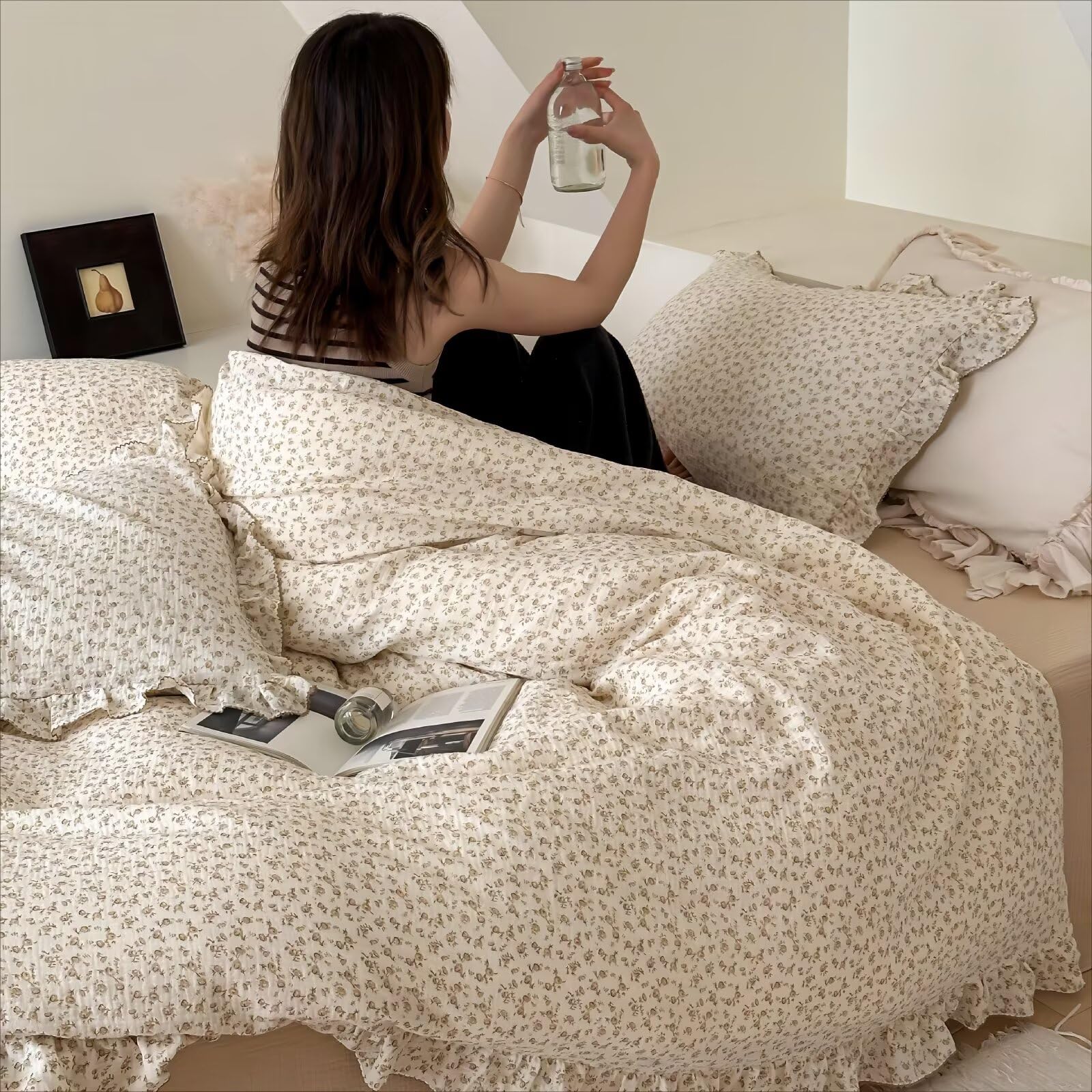 BuLuTu Cottage Camellia Floral Duvet Cover King with Ruffles, No Pillow