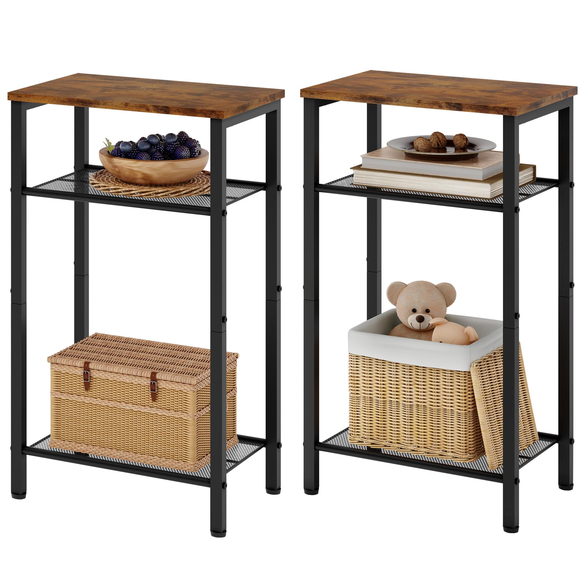 Hoctieon 2-Set 3 Tier End Table, Telephone Table Set of 2, Tall Side Table with Storage Set of 2, Small Nightstand for Small Spaces, Metal Frame, Rustic Brown
