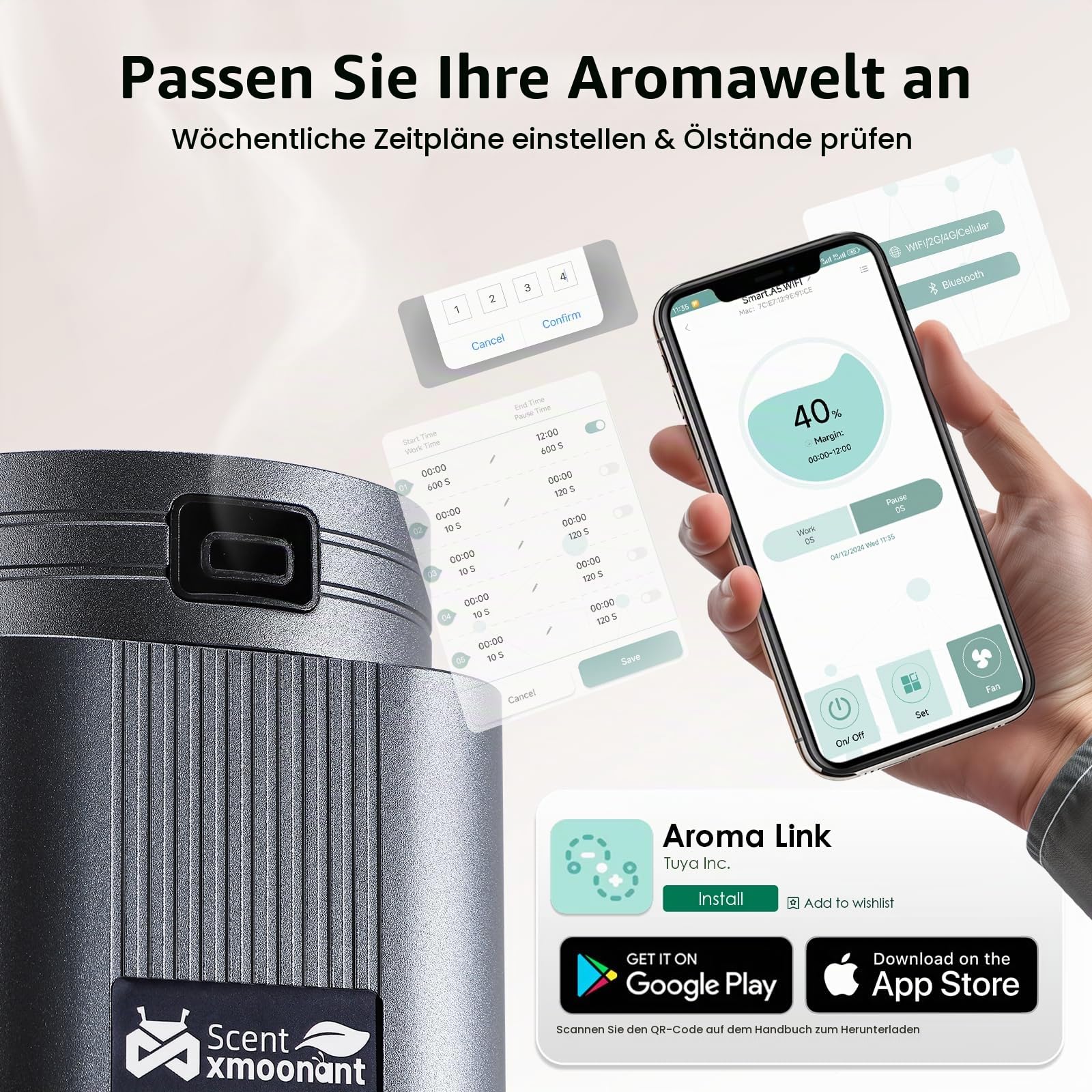 Mxmoonant wasserlose Duftmaschine, 500ml Flasche | App/Fernbedienung, 2000m³, Erkennung ätherischer Öle, für Büro/Restaurant/Hotel