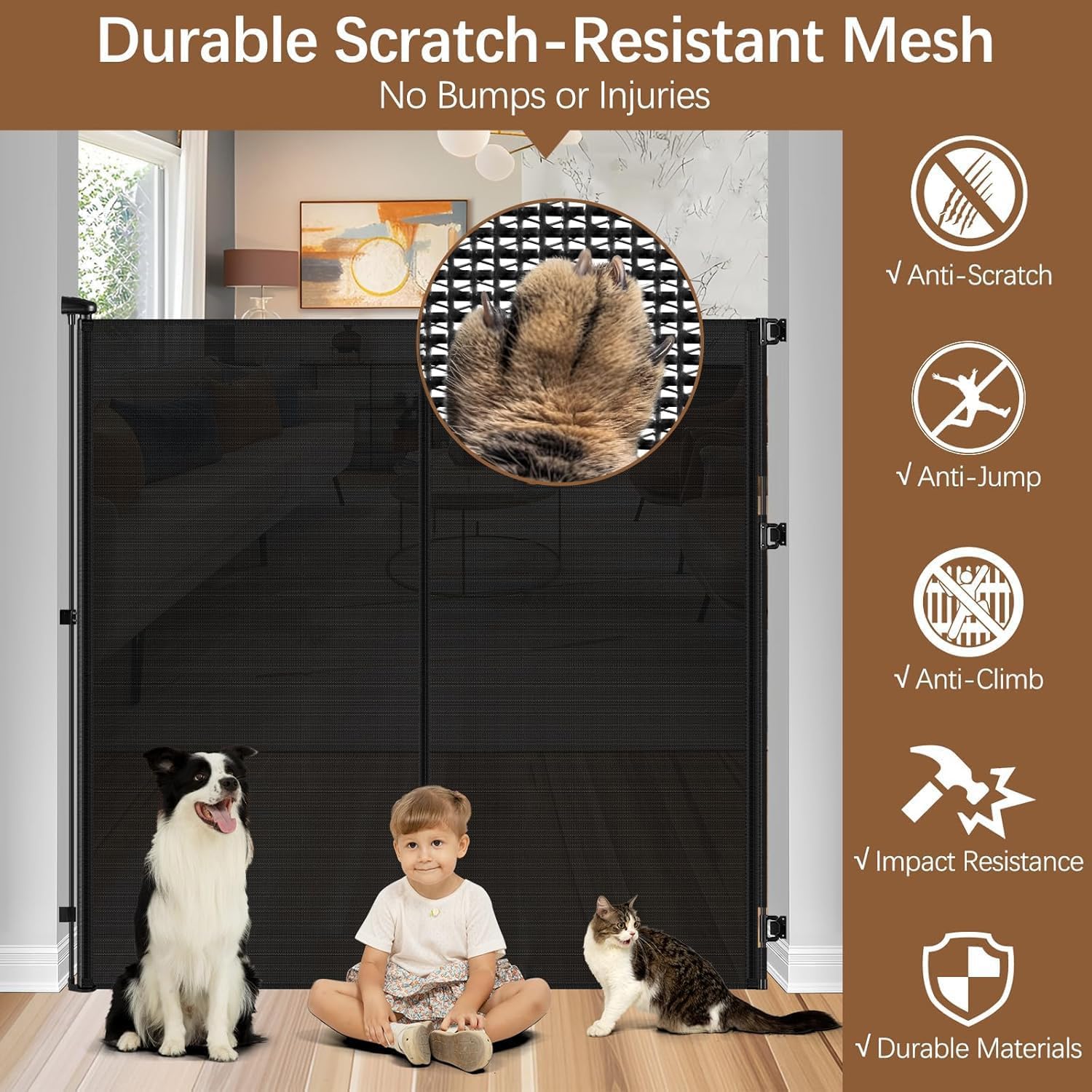 Reinforced 60 Inch Extra Tall Cat Gate Retractable Dog Gate - No Jumping Over/Crawling Under, 55" Wide Retractable Baby Gates for Cats with Reinforced Rods, 5ft Tall Dog Gate Indoor Cat Barrier/Black