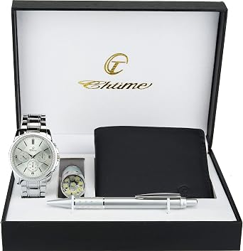 BELLOS Men's Watch Gift Box   LED Lamp   Wallet   Pen, Silver, 42, Bracelet, Silver, 42, Bracelet