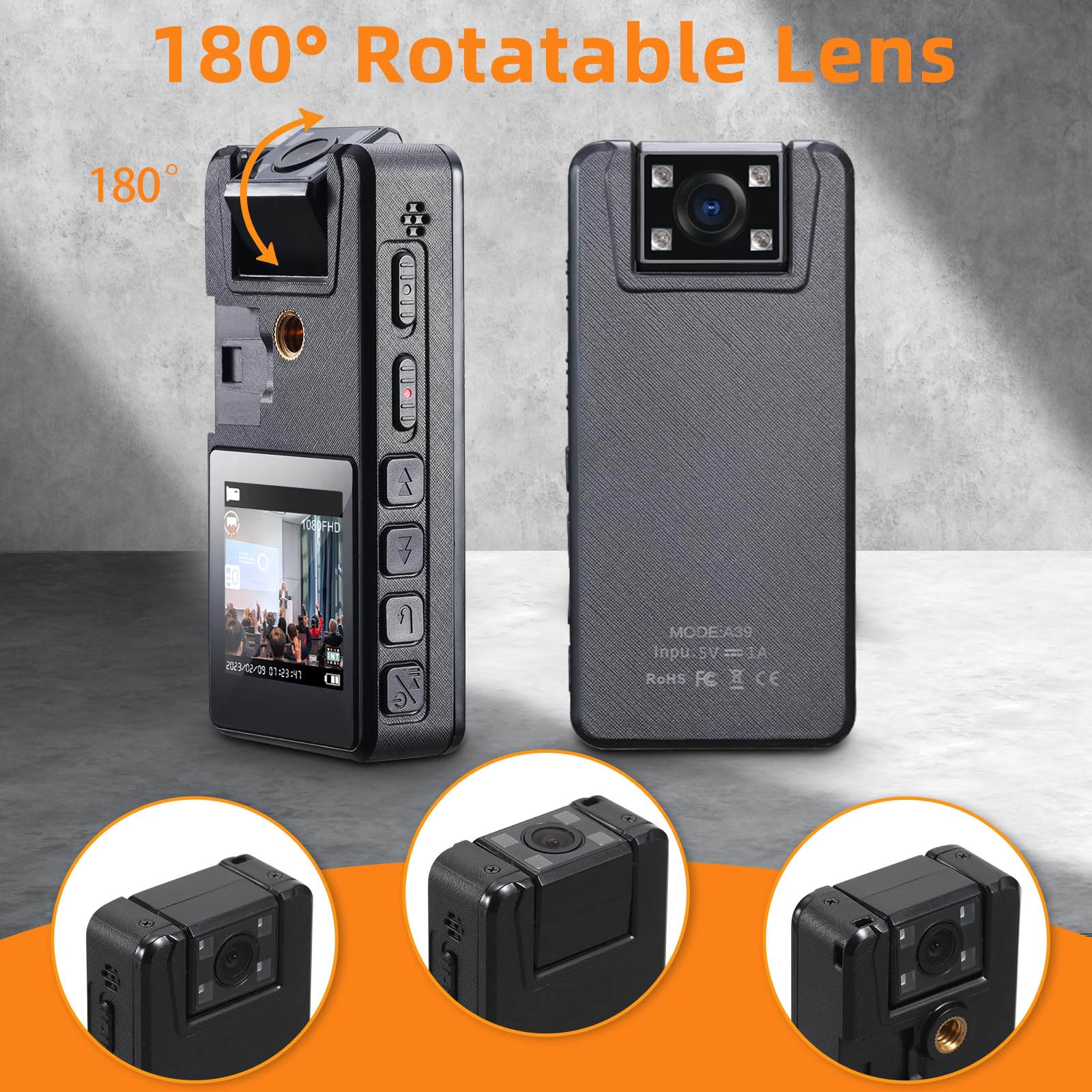 64GB Cámara Corporal con Audio, 1296P Policía Body CAM (2500mAh) con 180° Lente Giratoria y 3 Clips Resistentes, Cámara Corporal para Entrega Ciclismo Interior
