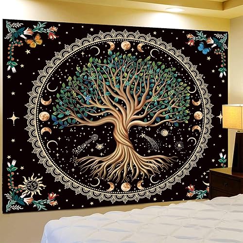 Miniatura 5 de Tapiz de árbol de la vida de fase lunar, naturaleza, flores, plantas, mariposas, tapices bohemios, mandala espiritual, tapiz estético para colgar en