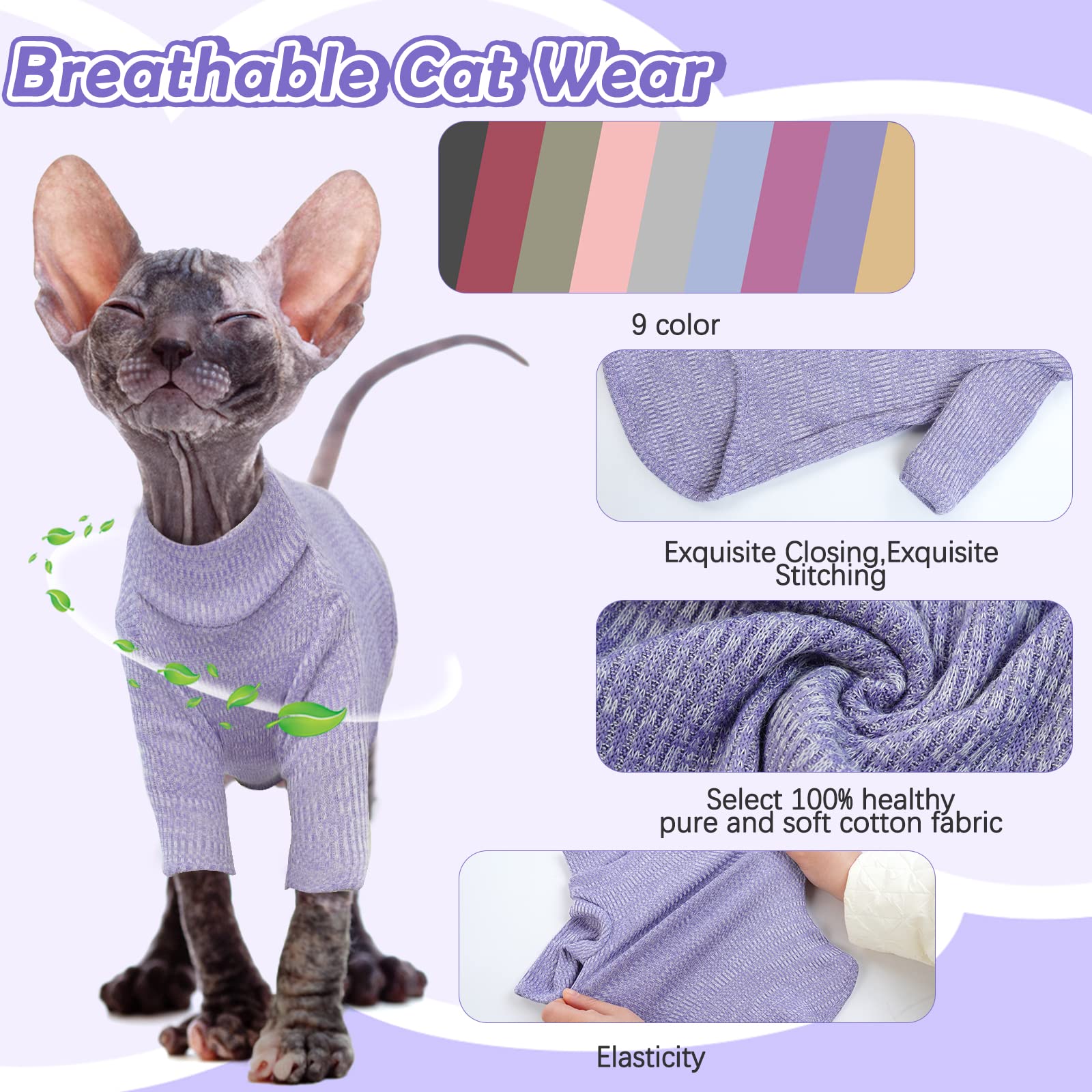 DENTRUN Sphynx Cat Clothes Hairless Cat Outfit Kitten Jumper Breathable Cat Onesie Turtleneck Sweater Adorable Cat Clothing Vest Pajamas Jumpsuit - Image 3