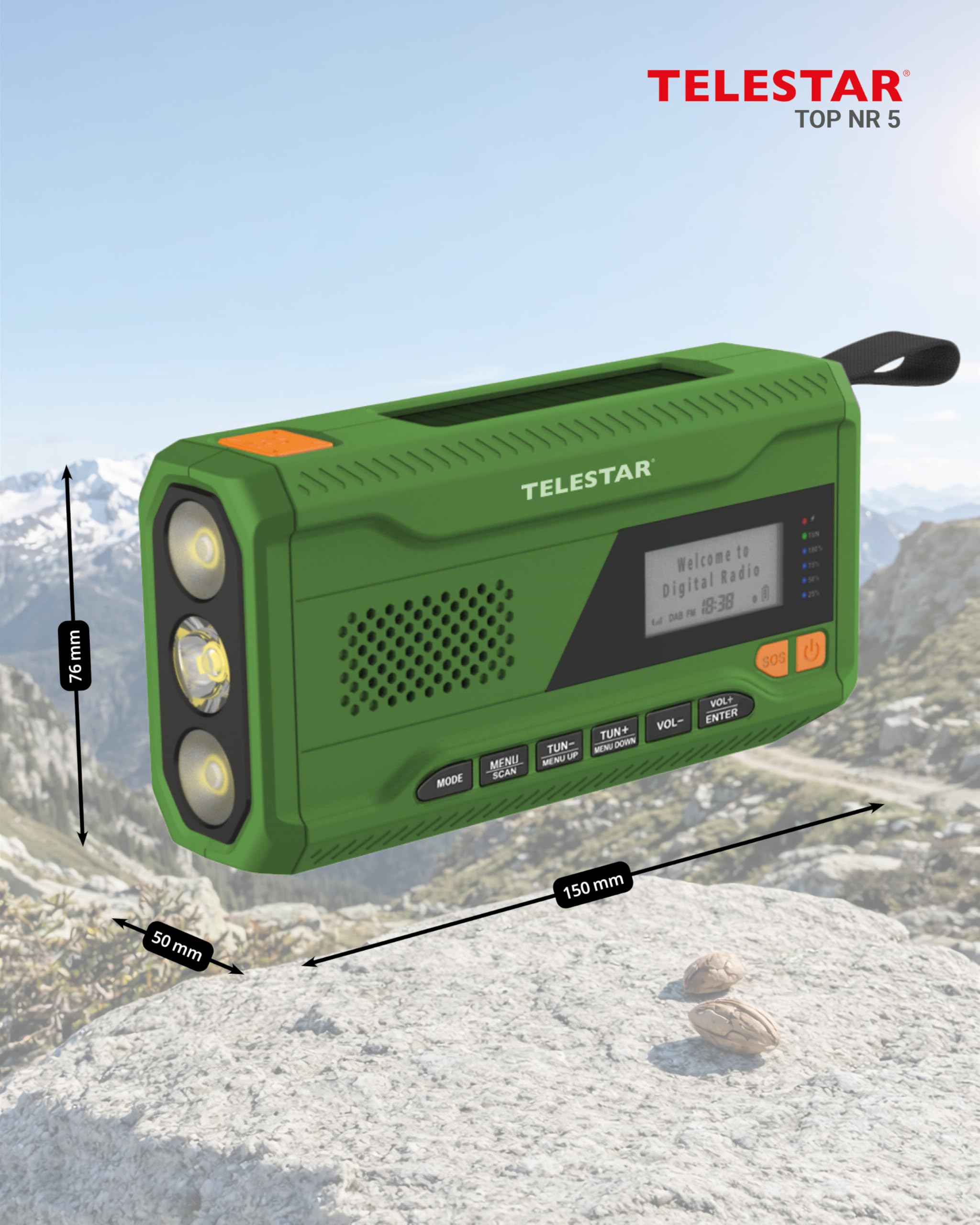 TELESTAR TOP NR 5 – Notfallradio mit 4000 mAh Akku – Grün | Kompaktes Kurbelradio, Solarpanel, Powerbankfunktion, Taschenlampe, SOS Funktion