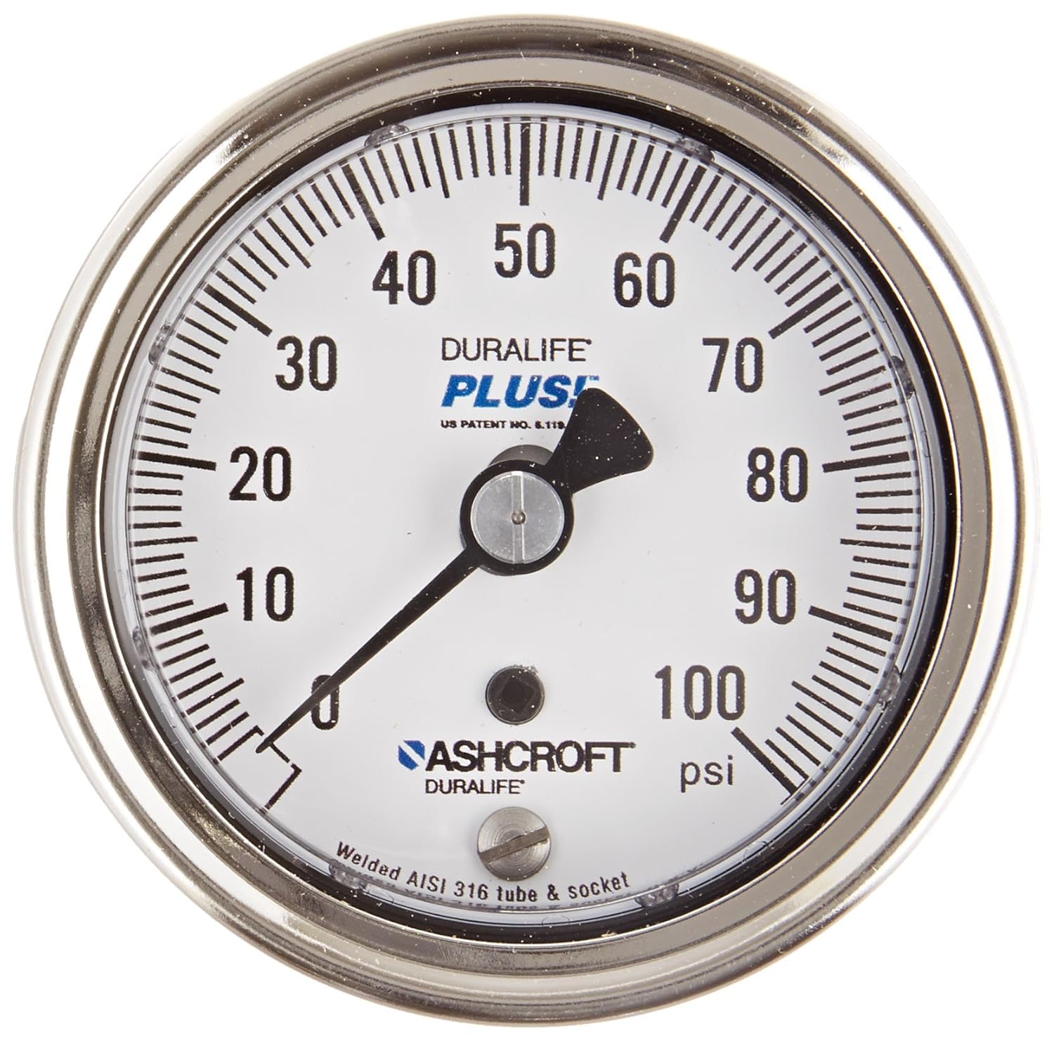 Ashcroft Duralife Type 1009SW Stainless Steel PLUS Performance Pressure Gauge, 2.5" Dial Size, 1/4" NPT Lower Back Connection, 0/100 psi Range