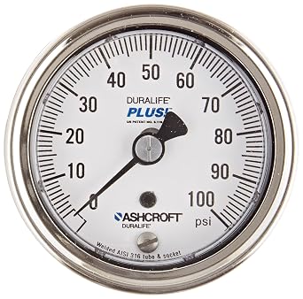 Ashcroft Duralife نوع 1009 SW الفولاذ المقاوم للصدأ PLUS قياس ضغط الأداء، 2.5 بوصة حجم الطلب، 1/4 بوصة NPT اتصال أسفل الظهر، 0/100 psi المدى