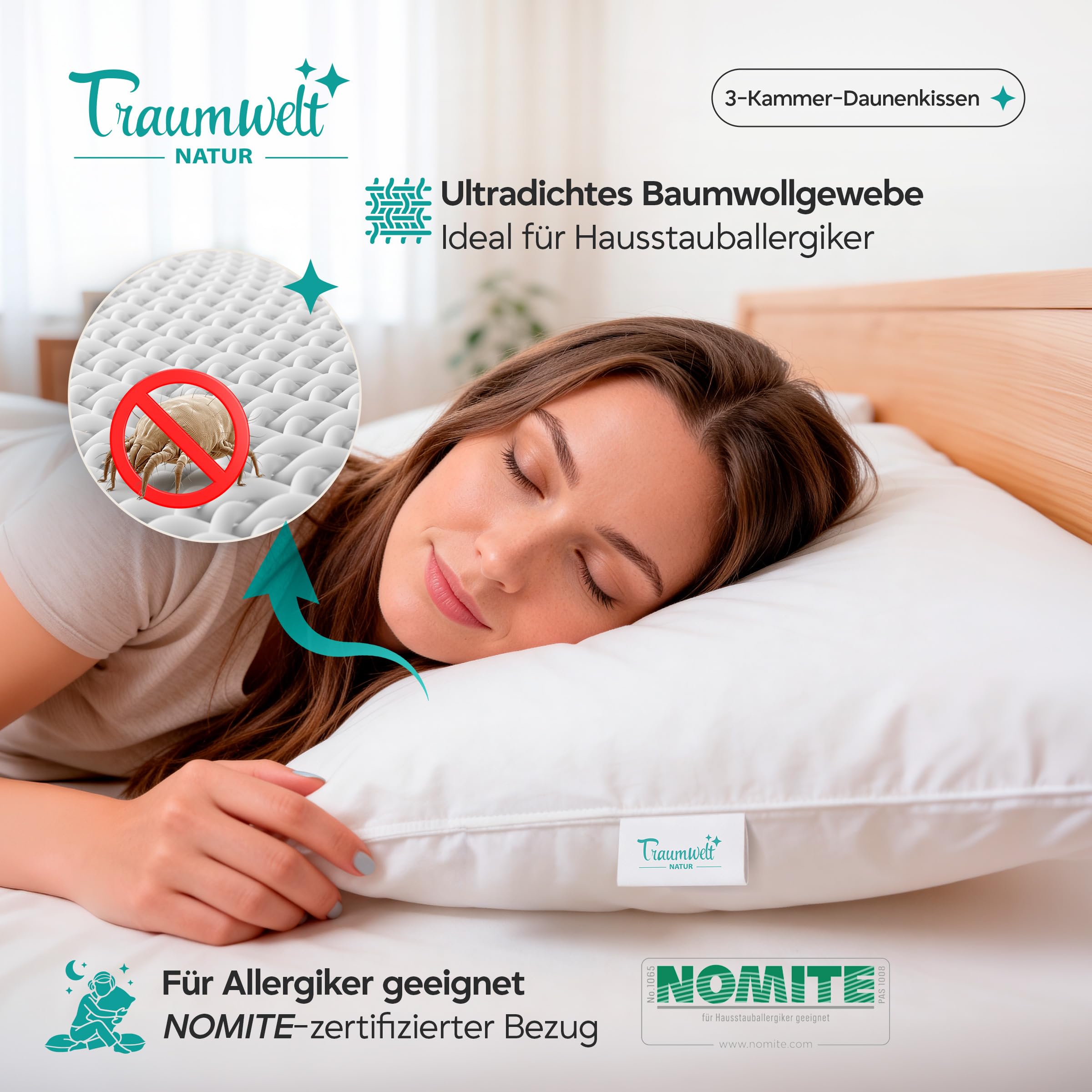 Made in Germany 3-Kammer-Daunenkissen 80x80 cm, höhenverstellbar mit Reißverschluss, außen 90% Daunen, innen Primaloft, Allergiker geeignet, Oeko-TEX Standard 100 Klasse 1