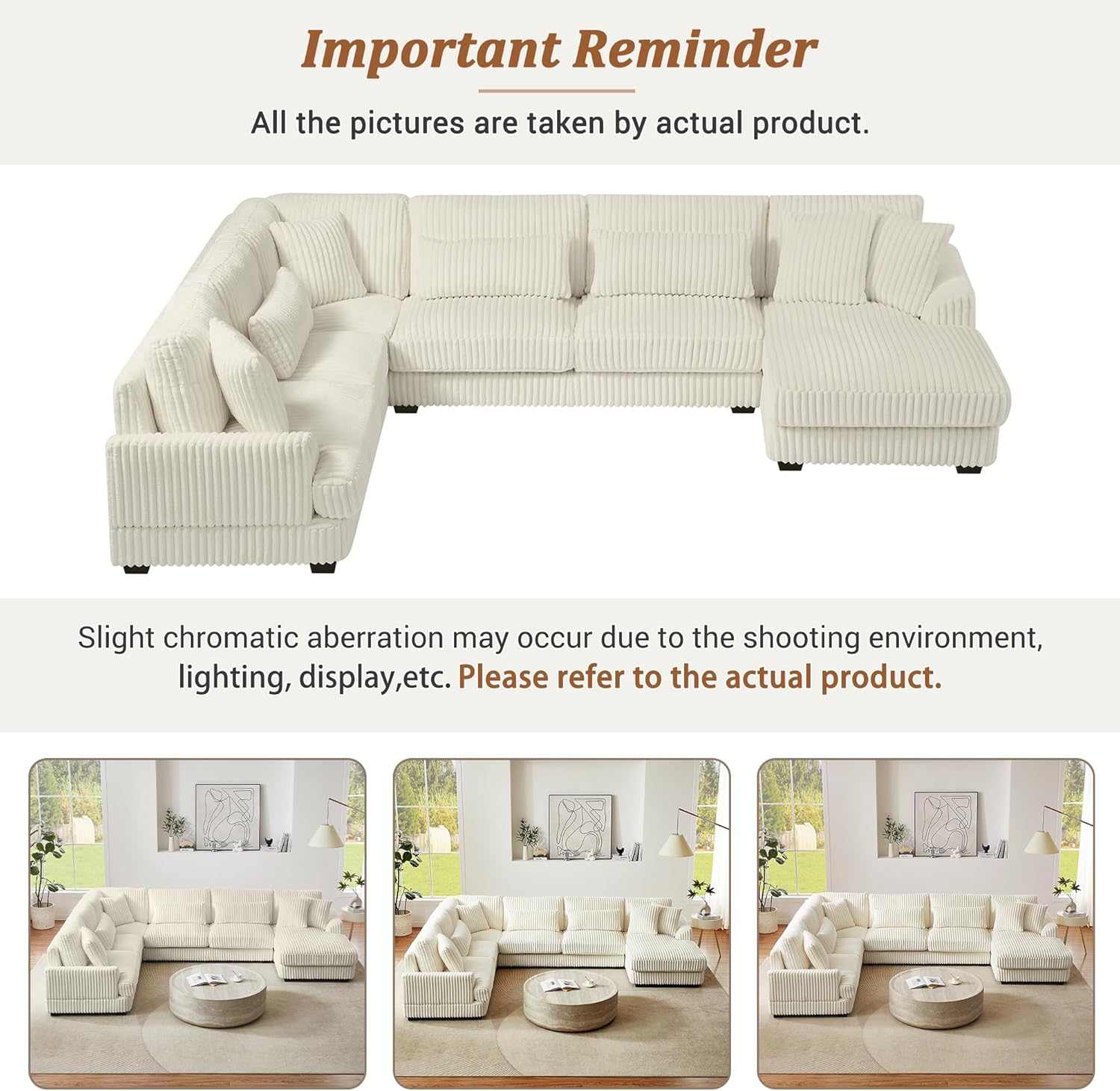 ERYE 129-Inch U-Shaped Sectional Sofa Couch W/Right Facing Chaise Lounge,Oversized Corduroy Upholstered Corner Modular Sofa Couch with 7 Toss Pillows for Living Room Sets