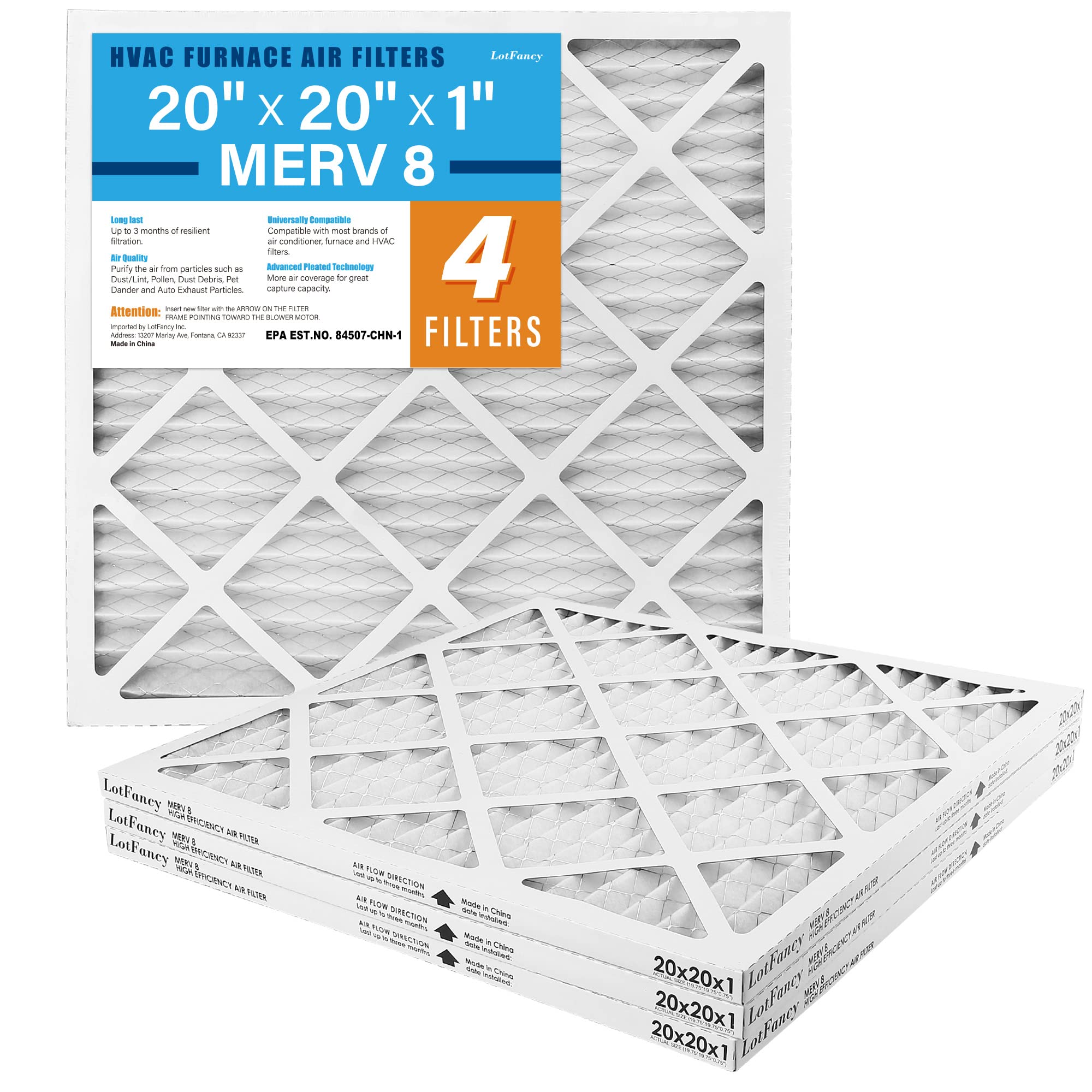 lotfancy 20x20x1 air filters, 4 pack, merv 8 pleated ac furnace filters, mpr 600, air conditioner hvac filter replacement box
