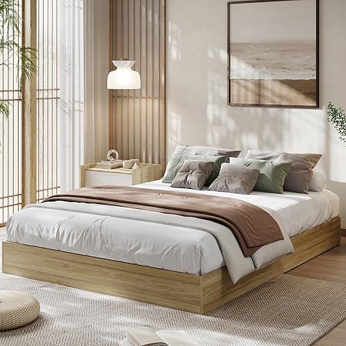 Miniatura 13 de GarveeHome Marco de cama de plataforma de madera de tamaño matrimonial, marco de cama de madera sin cabecero, soporte de listones de madera, no Gris