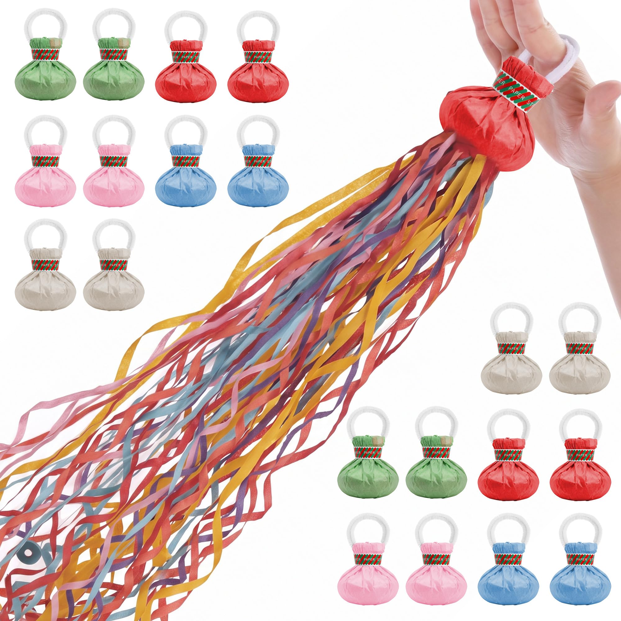 20Pcs Hand Throw Streamers, Colourful Party Poppers with 30 Ribbons