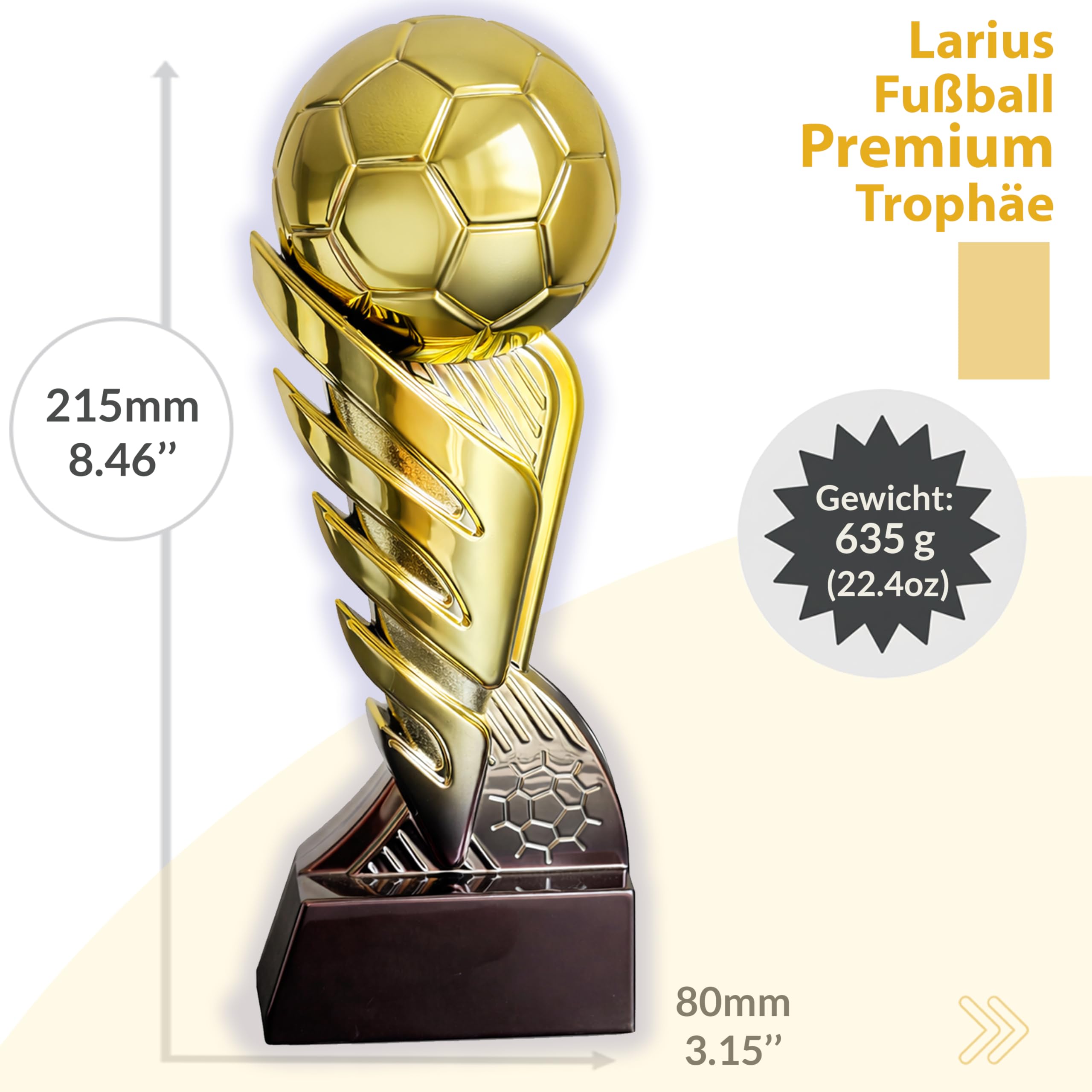 Larius Trophée de football doré avec ballon (21,5 cm, 635 g) - Trophée de football avec gravure en option - Coupe de vainqueur pour tournois, clubs et compétitions de football - S3