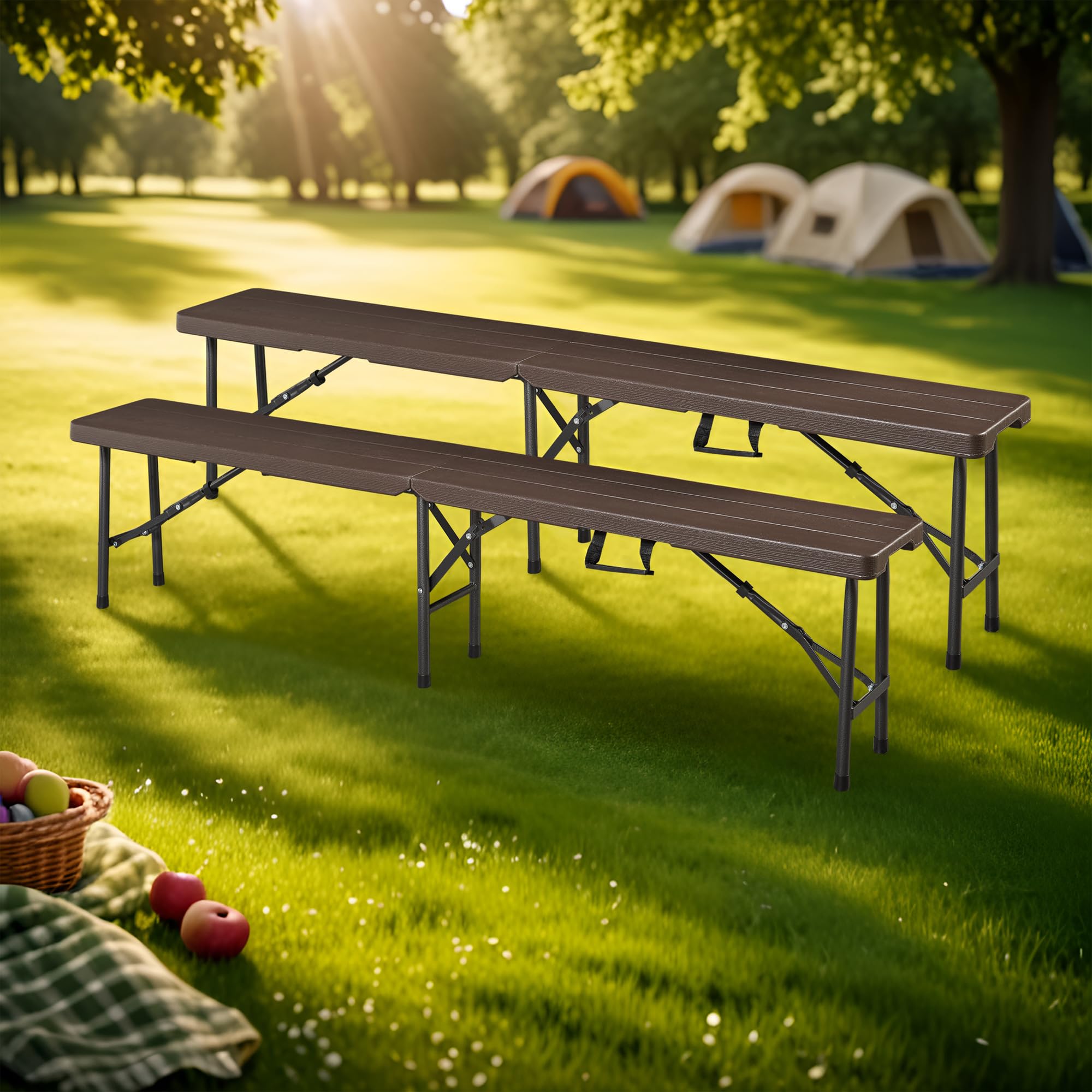 [en.casa] Lot de 2 Bancs de Camping Pliables pour Extérieur Festivals Pique-Nique Banc Pliant pour 4 Personnes Poignée de Transport Métal HDPE 180 x 25 x 43 cm Effet Bois Marron Foncé