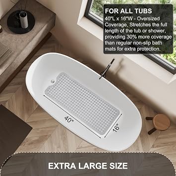 TEESHLY Bath Tub and Shower Mats, Non Slip 40 x 16 Inch Extra Large Bathtub Mat, Machine Washable Bathmat with Drain Holes, Suction Cups for Bathroom Floor (Grey (Translucent))