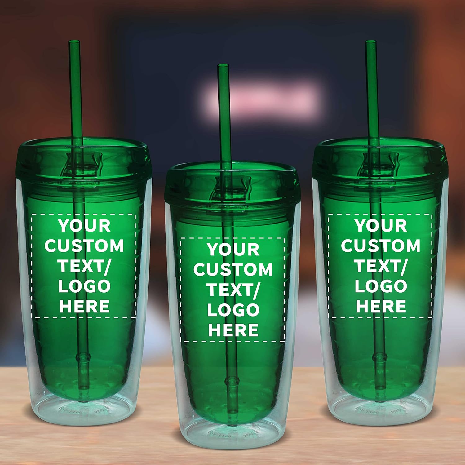 Custom Double Wall Acrylic Tumblers 16 oz. Set of 10/50/100, Personalized Bulk Pack - BPA Free, Perfect for Iced Coffee, Soda, Other Hot & Cold Beverages - Green