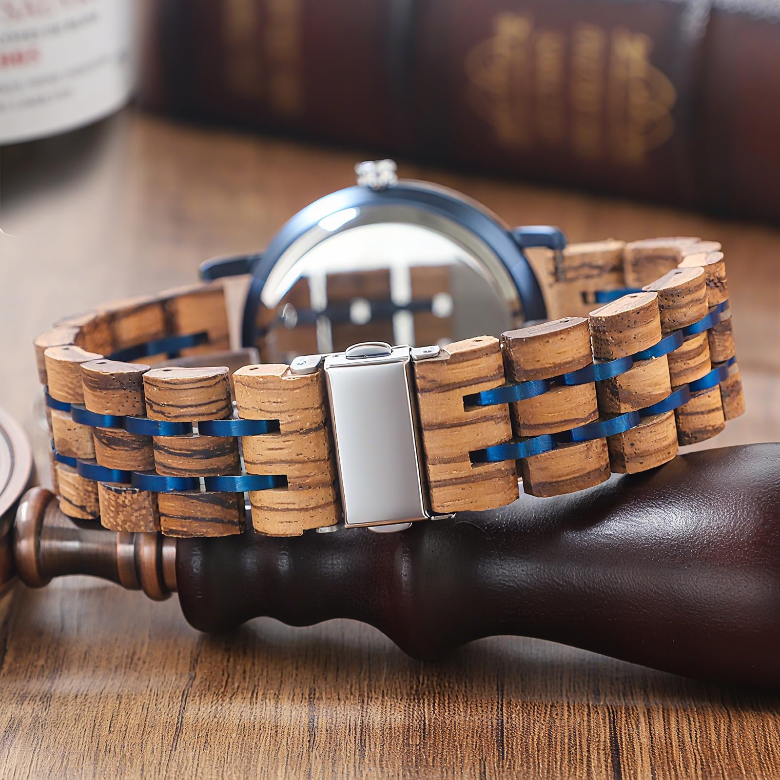 Tiong Herren Holzuhr Holz Bambus Invertierte Geometrische Herrenuhren Analoge Quarzuhr für Männer Handgemachte Holzuhren
