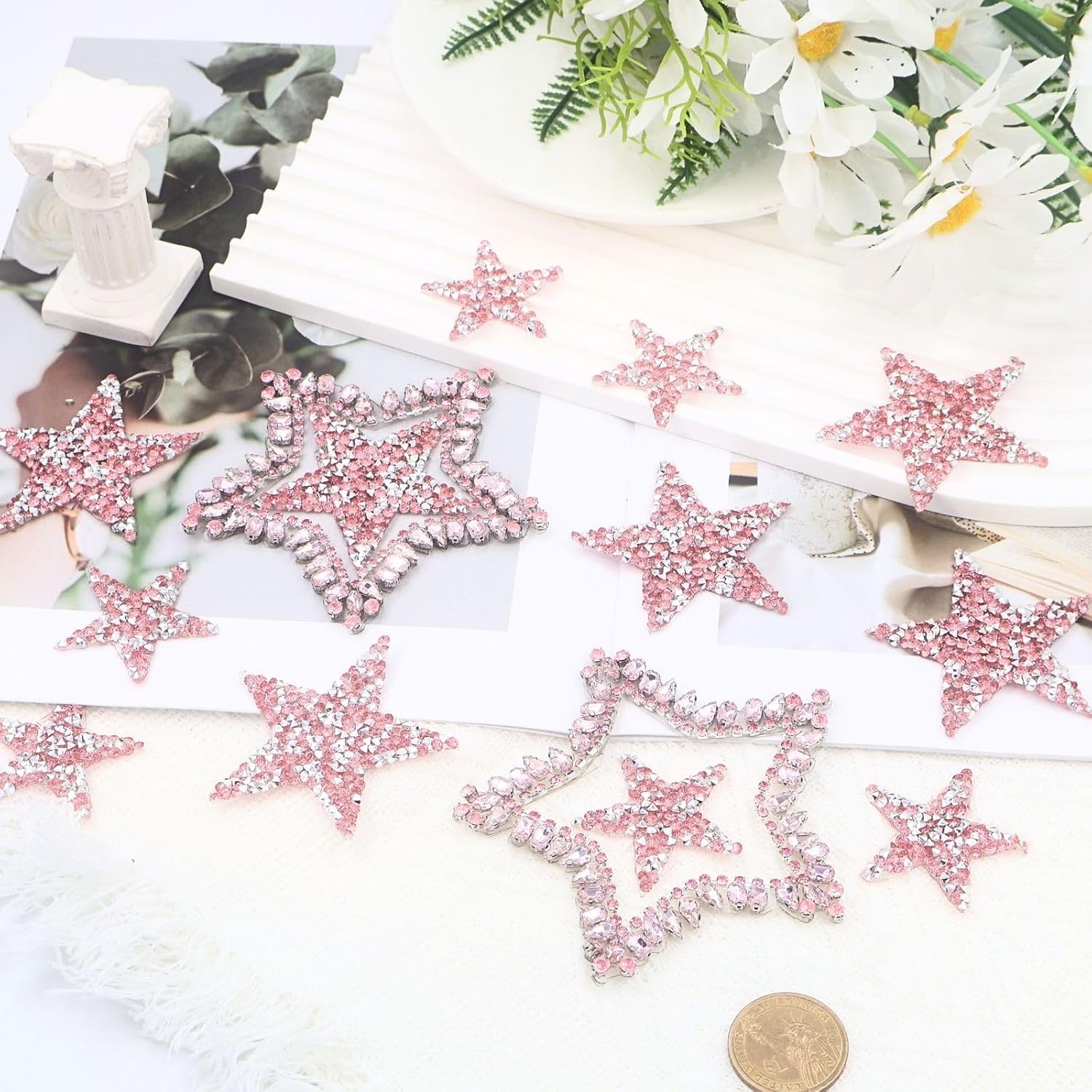 Bijou Joon 14 Pcs Pink Rhinestone Stars Self Adhesive Star Patches Iron on with Rhinestone Applique Patches for Clothes DIY Handbag Ornament Bridal Wedding Dress Fabric Accessories
