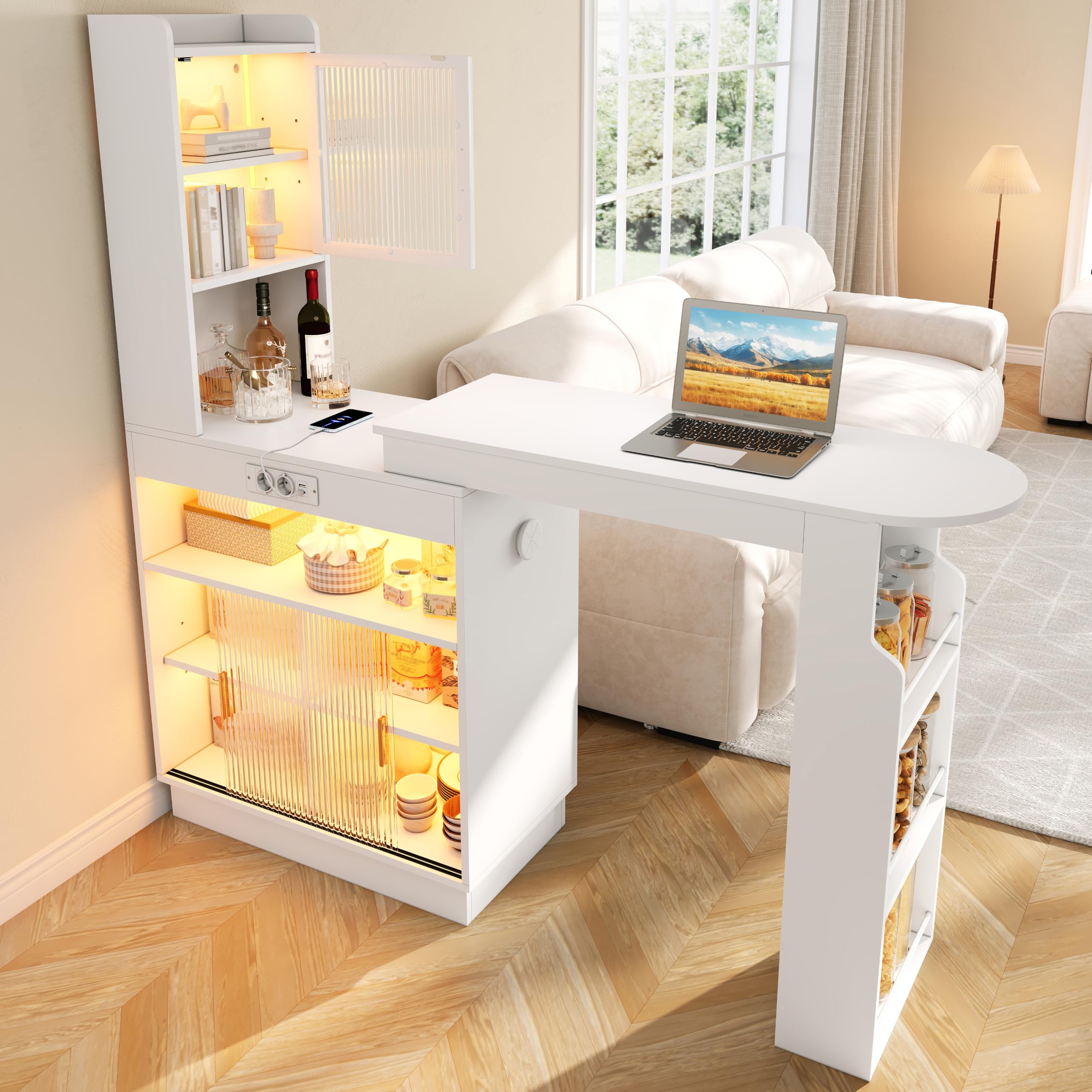 Table de Bar Extensible Mange-Debout avec Rangement Blanc 131-170 cm