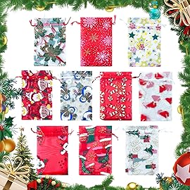 YHJZ 50PCS Christmas Organza Bags, 4x6 inches Small Christmas Gift Bags with Drawstring, Mesh Bags for Gift