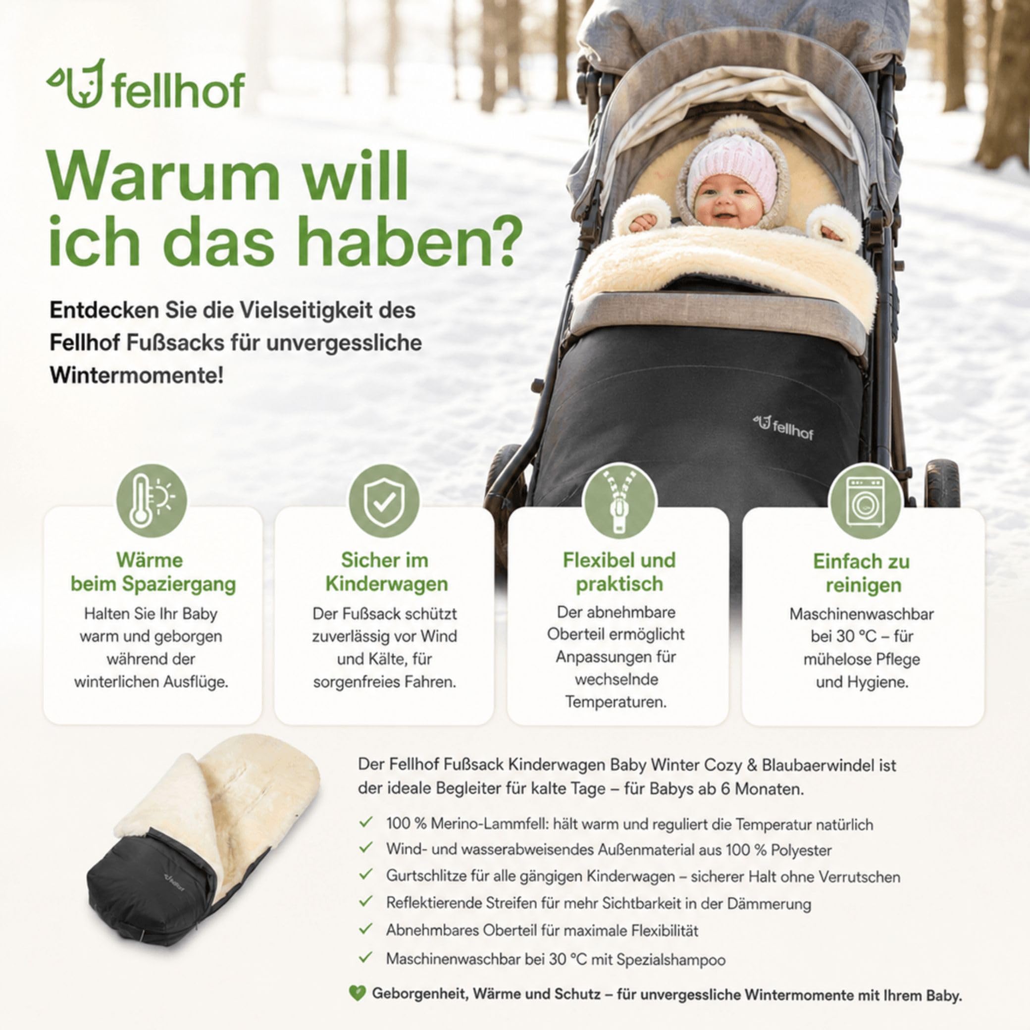 Fellhof Fußsack Kinderwagen Winter Cozy, Blaubär | Kinderhaus Blaubär: universell als Fußsack für Buggy, Sportwagen, Kinderwagen, ab 6 Monaten