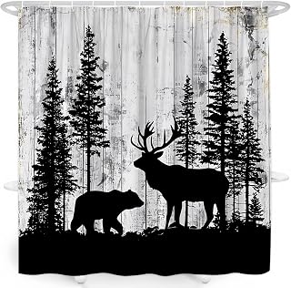 Rustic Cabin Shower Curtain Forest Deer Bear Vintage Rustic Hunting Farmhouse Wildlife Country Gray Wooden Outdoor Camping Bathroom Decor Curtain with Hooks