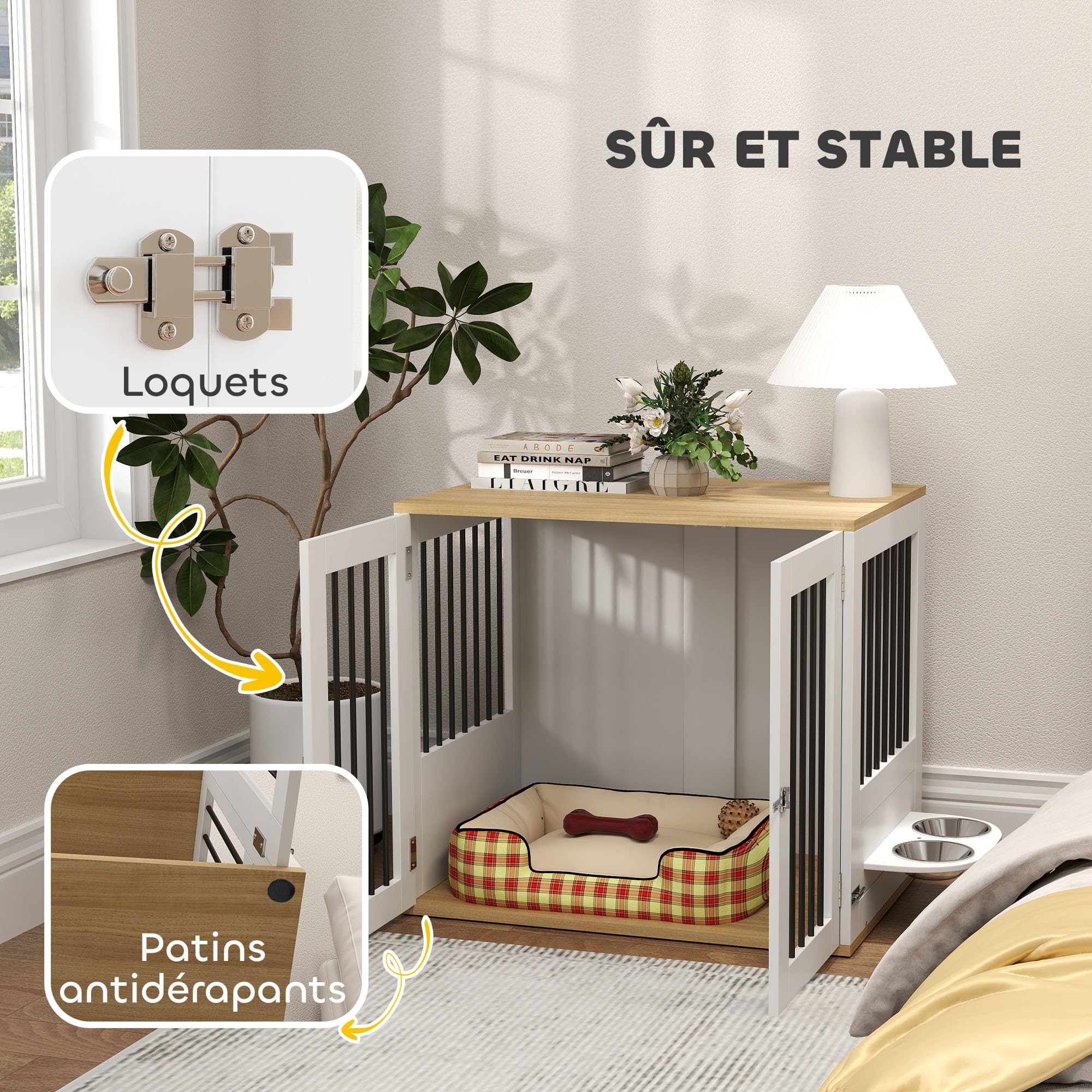 Pawhut Cage pour Chiens, Table d'appoint, Meuble Cage Chien intérieur, maisonnette pour Animaux avec gamelles Amovibles et rotatives à 360°, 2 Portes, pour Taille Moyenne, Blanc