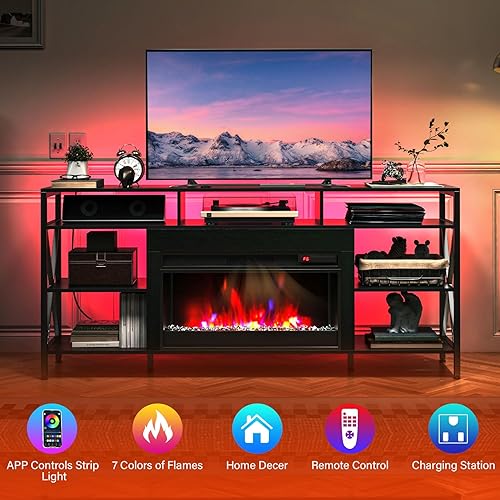 Miniatura 2 de TC-HOMENY Soporte de TV de 60 pulgadas con chimenea eléctrica de 27.5 pulgadas, consola de TV con regleta de alimentación para televisores de hasta