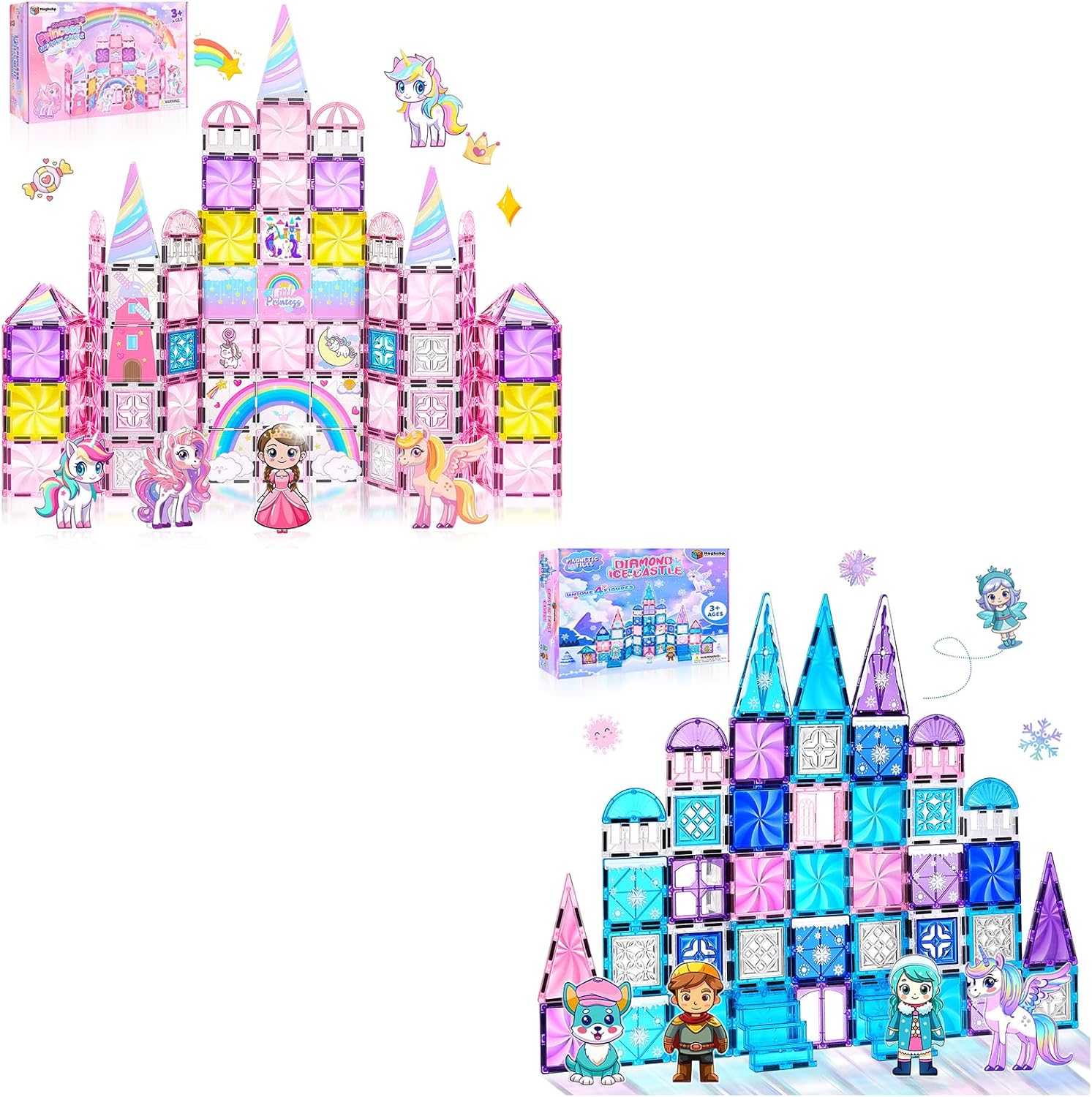 Diamond Magnetic Tiles Unicorns Princess Castle with Magnetic Art Decor Kit + Frozen Castle Magnetic Tiles with 4 Dolls & Magnetic Art Decors Kit